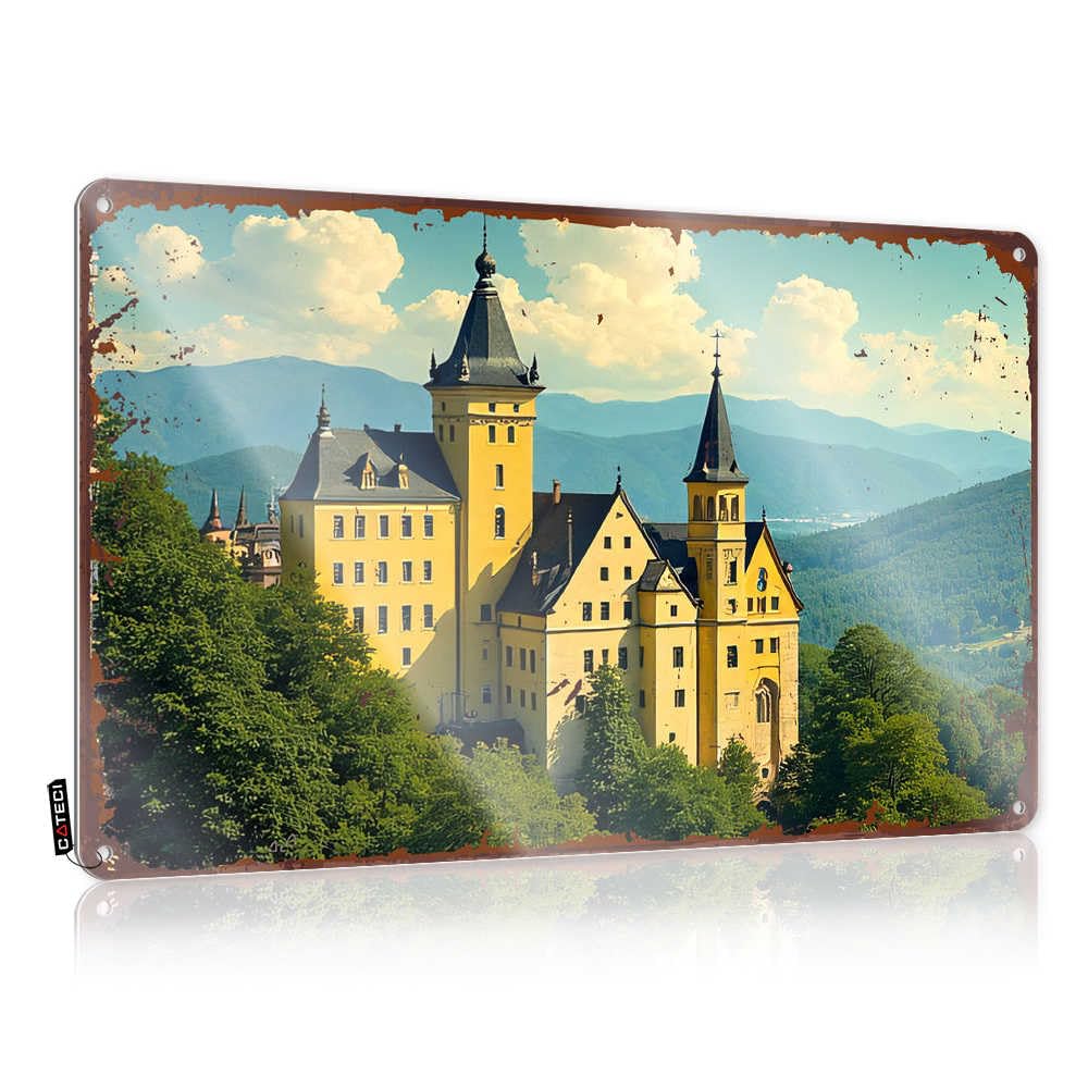 IBWNBBUSN Retro Signs Golden Castle Amidst Lush Green Forest With Majestic Mountains In Tin Sign Warning Tin Sign Bar Wall Decor(30X40CM)