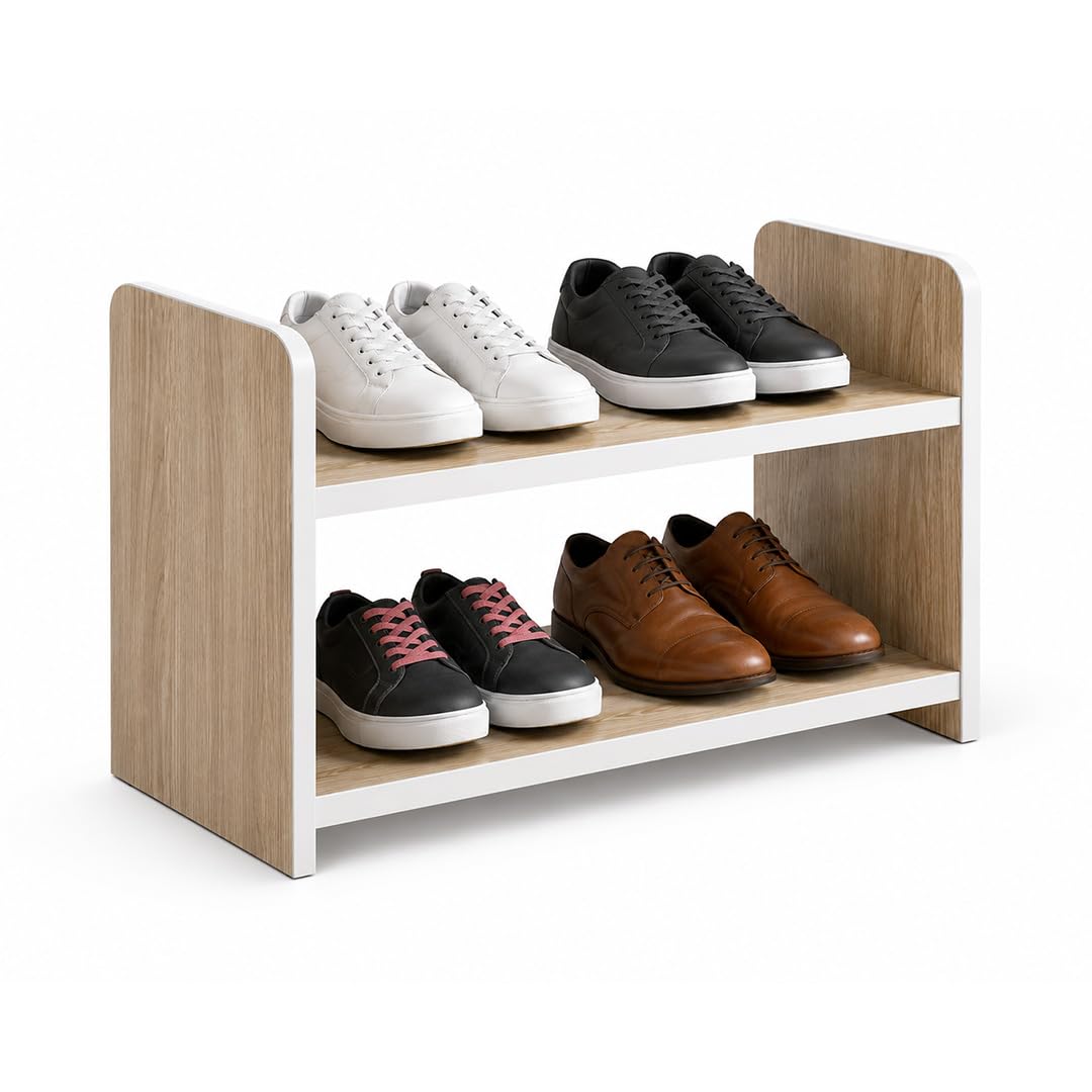 2-Tier Shoe Rack for Entryway, Engineered Wood Shoe Organizer, Modern Open | Natural Oak Finish, White Edge Detailing, Open Shelf Design, Compact & Space-Saving, Entryway Organiser-image-18