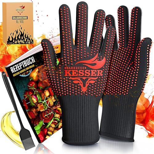 KESSER Grillhandschuhe XXL auch für Topf und Kamin hitzebeständig bis 500 atmungsaktiv Rutschfester Griff Aramid-Gewebe maschinenwaschbar inkl. Rezeptbuch & Kochpinsel Größe XL-XXL Rot