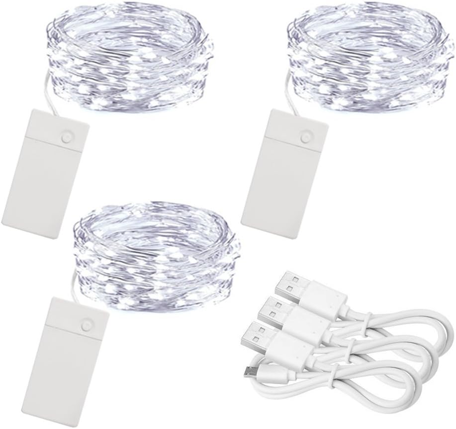 3 Pack Rechargeable String Fairy Lights 10ft 30 LED, Christmas Starry Lighting Silver Copper Wire 4 Modes, Waterproof Cool White Micro Firefly Moon Light with USB Cable