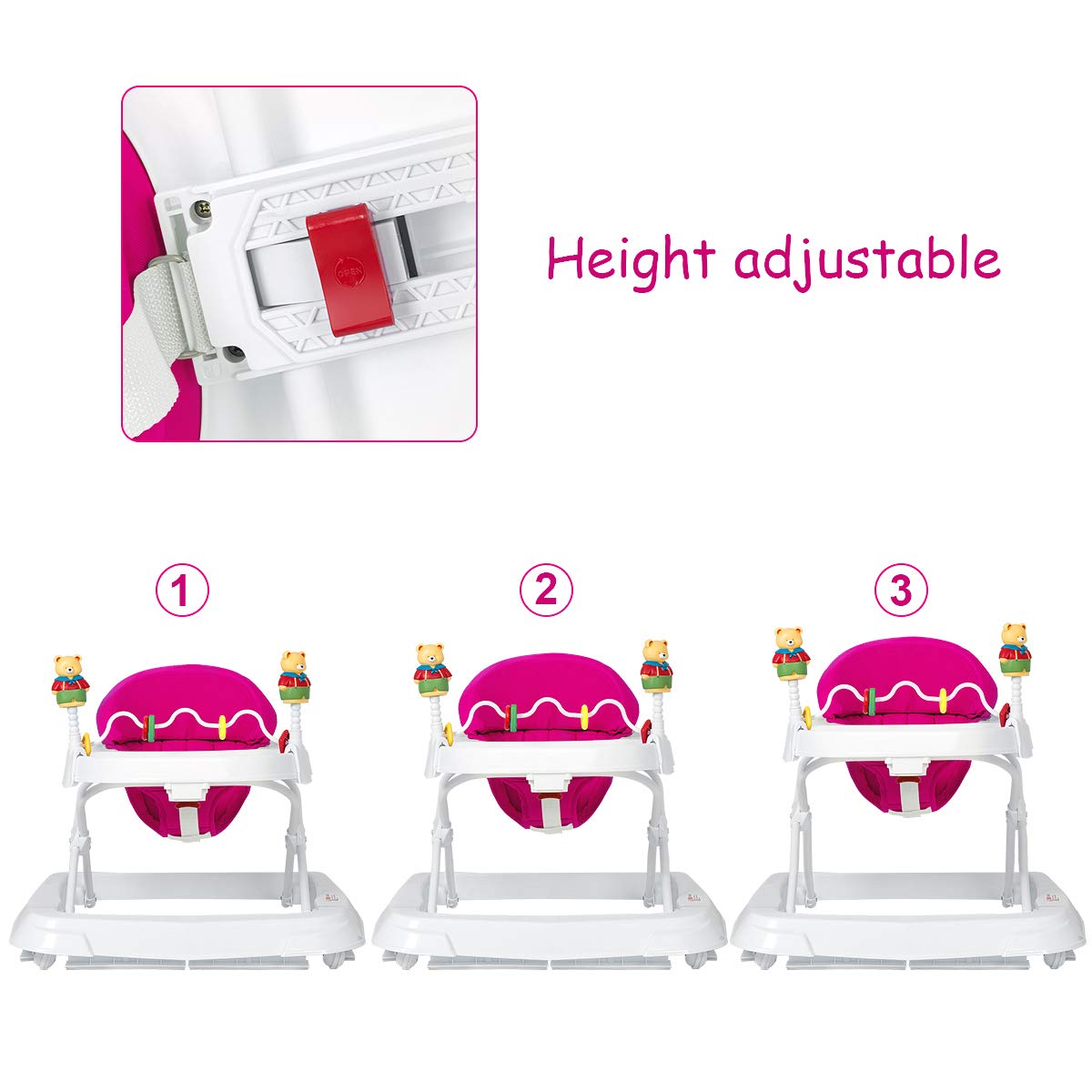 Baby Walker, Collapsible Baby Activity Walker with Walking Toys & 3-Levels Adjustable Height, Comfy High Back Seated Baby Walker with Wheels for Boys & Girls (Pink)