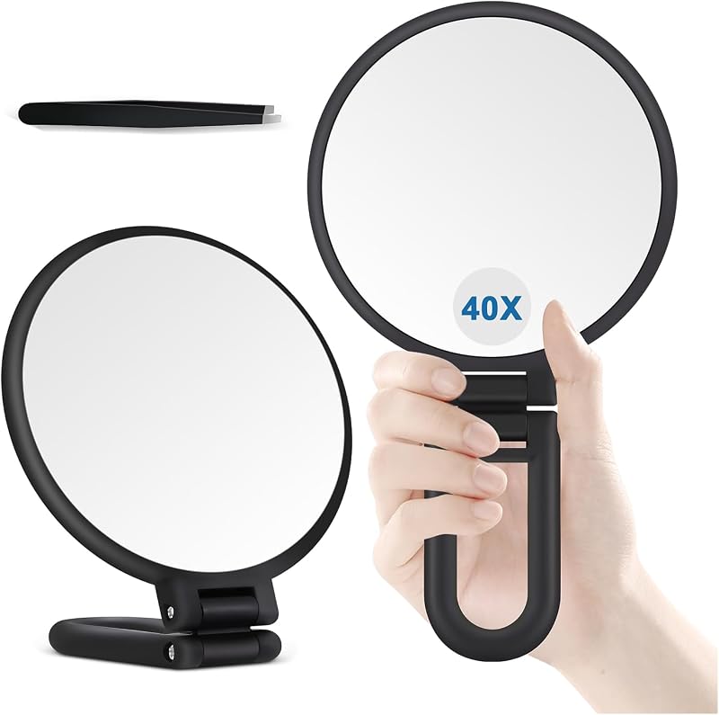 MIYADIVA Specchio con Ingrandimento 40X, Specchietto per Trucco, Doppia Faccia con Ingrandimento 40X/1X, Essenziale da Viaggio, Portatile e Pieghevole per Scrivania e Bagno, Regalo per Donne, Nero