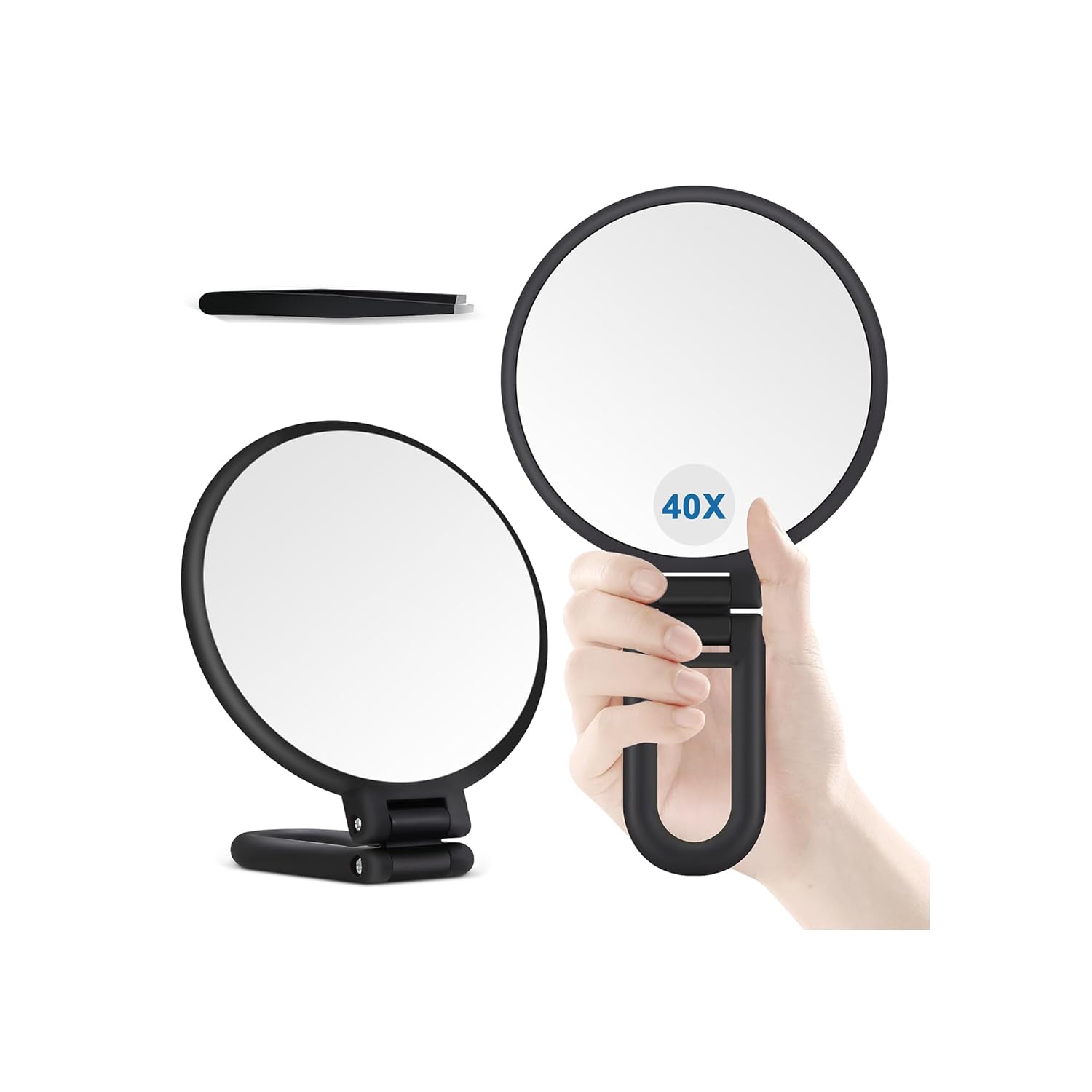 B Beauty Planet 40X Magnifying Mirror, Hand Mirror for Makeup, Double Sided with 40X/1X Magnification, Travel Essential, Portable Foldable for Desktop and Bathroom, Frosted Black 170g
