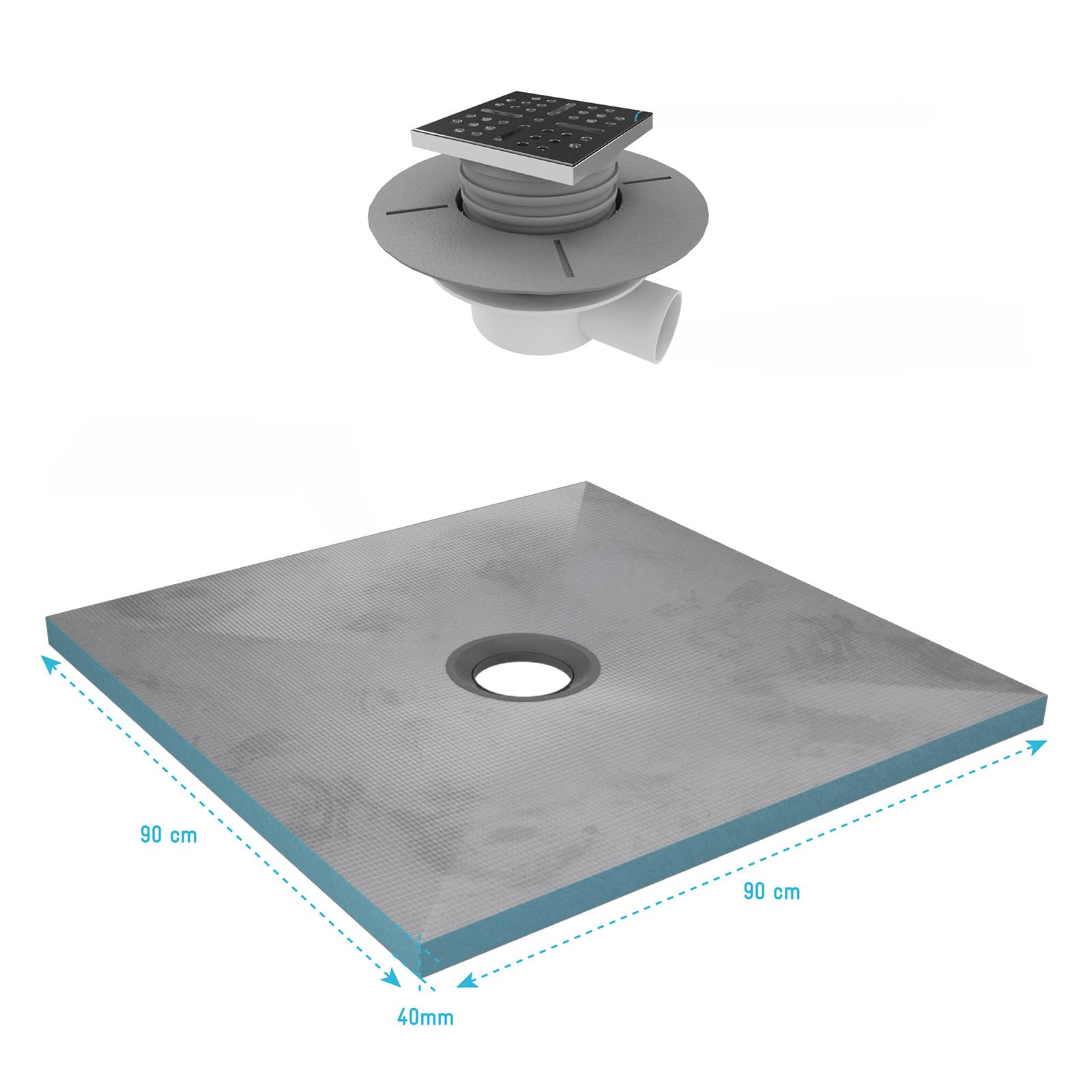 Receveur de Douche à Carreler 90x90 cm avec Bondes à Sortie Horizontale - Grille Inox