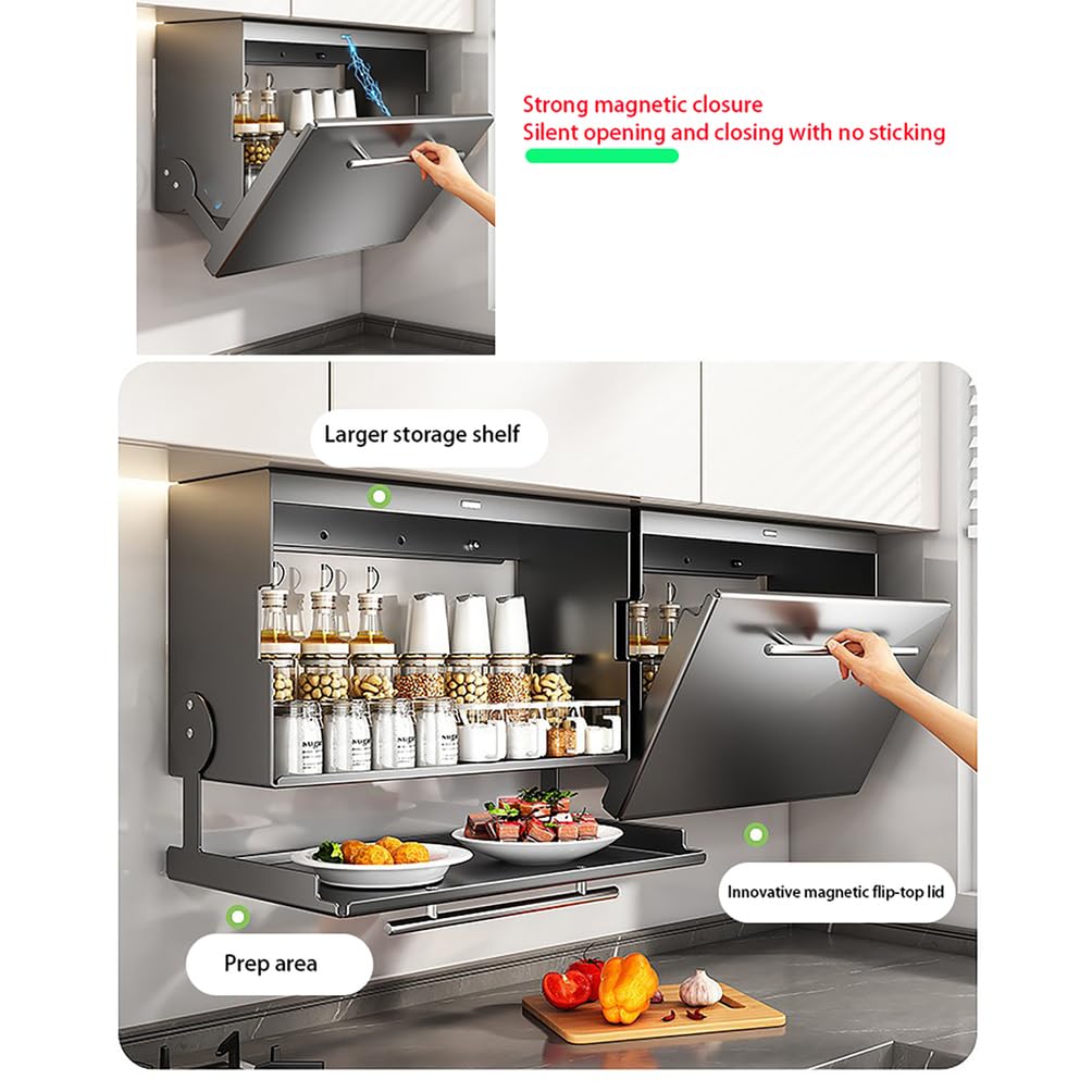Pensile da Cucina in Acciaio Inossidabile Anta A Libro con Ribalta Armadietti Multifunzionali Cucina Preparazione dei Cibi Contenitore da Riporre sotto I Pensili,Grigio,L