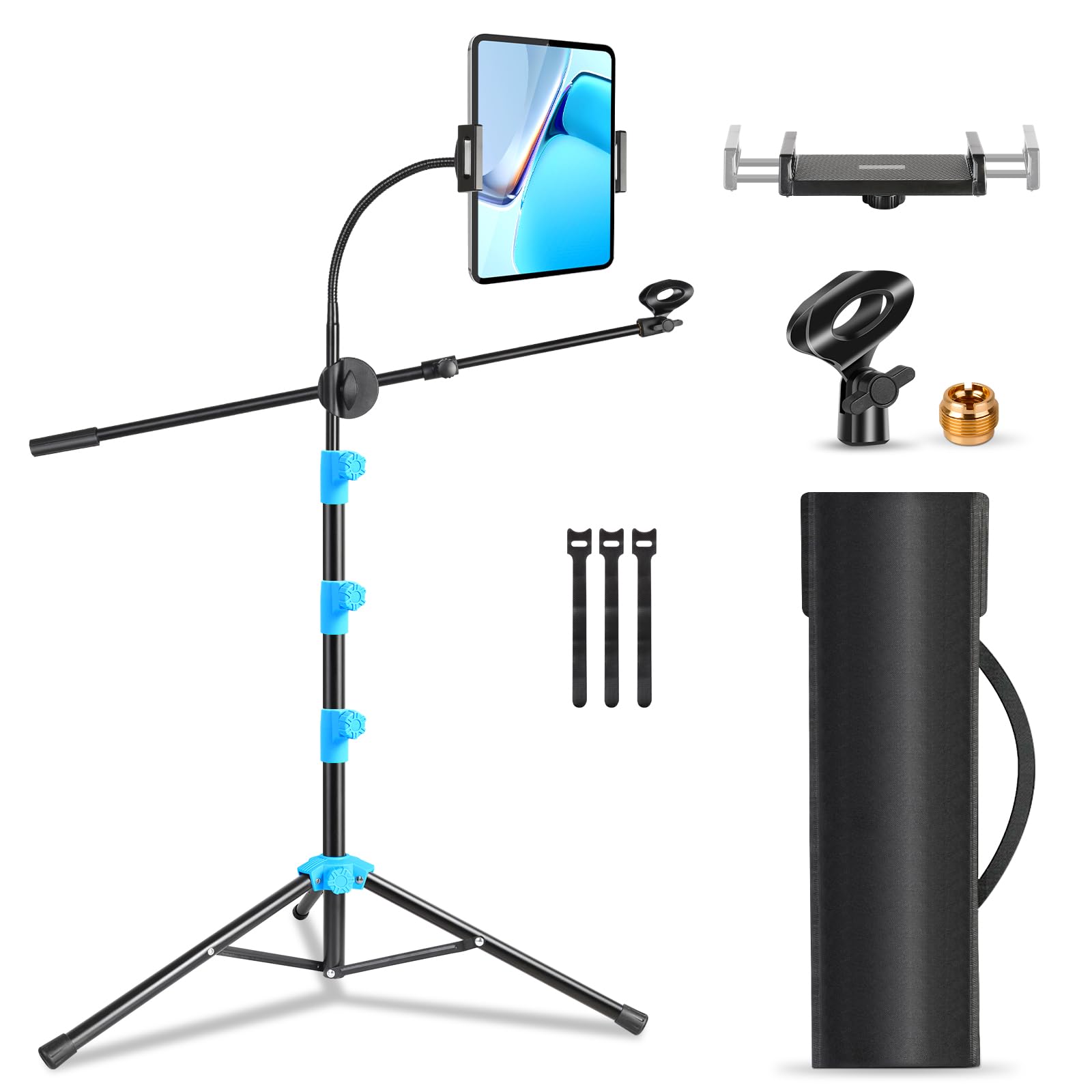 PPH-Sisy Boom Mic stand ?6 in 1 Microphone Stand Floor with Phone Holder Mic Boom Stand Tripod Adjustable 35-66 Inch Portable Gooseneck Mic Stand Boom with Mic Clip Tablet Phone Holder Carrying Bag