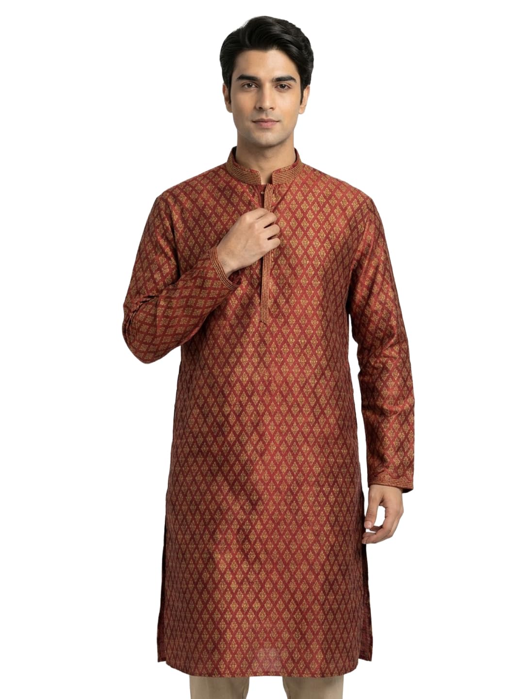 Men Regular Fit Jacquard Pattern Poly Viscose Blend Mandarin Collar Full Sleeve Festive Kurta-image-45