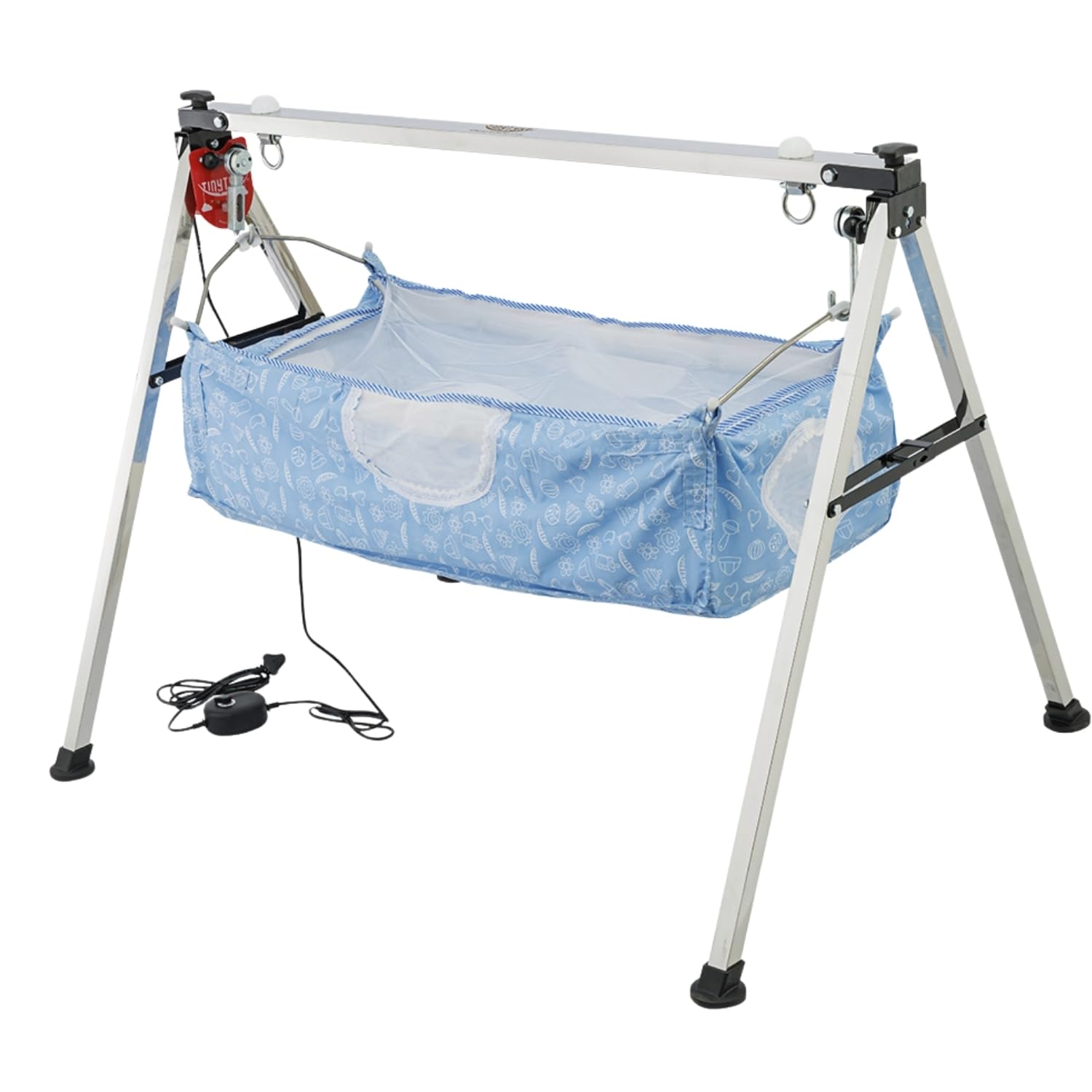 TINYTYKE Automatic Cradle for Baby - Electric Swing Cradle w/Adjustable Speed - Semi-Foldable Square Pipe Frame with Blue Square Hammock - Palna/Jhula/Thothil for Baby Boy & Girl of 0 to 3 Years