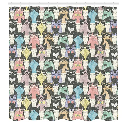 Ambesonne Funny Cartoon Shower Curtain, Theme Of Playful Hipster Cats With Glasses Colorful Dotted Designed Print, Cloth Fabric Bathroom Decor Set With Hooks, 69" W X 70" L, Ivory Charcoal Grey #TOP28