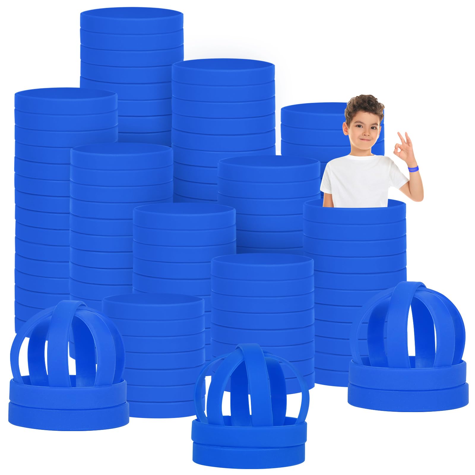LVNRIDS 200 PCS Silicone Wristbands Rubber Bracelets for Kid, 6.3 inch Blue Silicone Wrist Bands for Business School Activity Party Events Music Festival