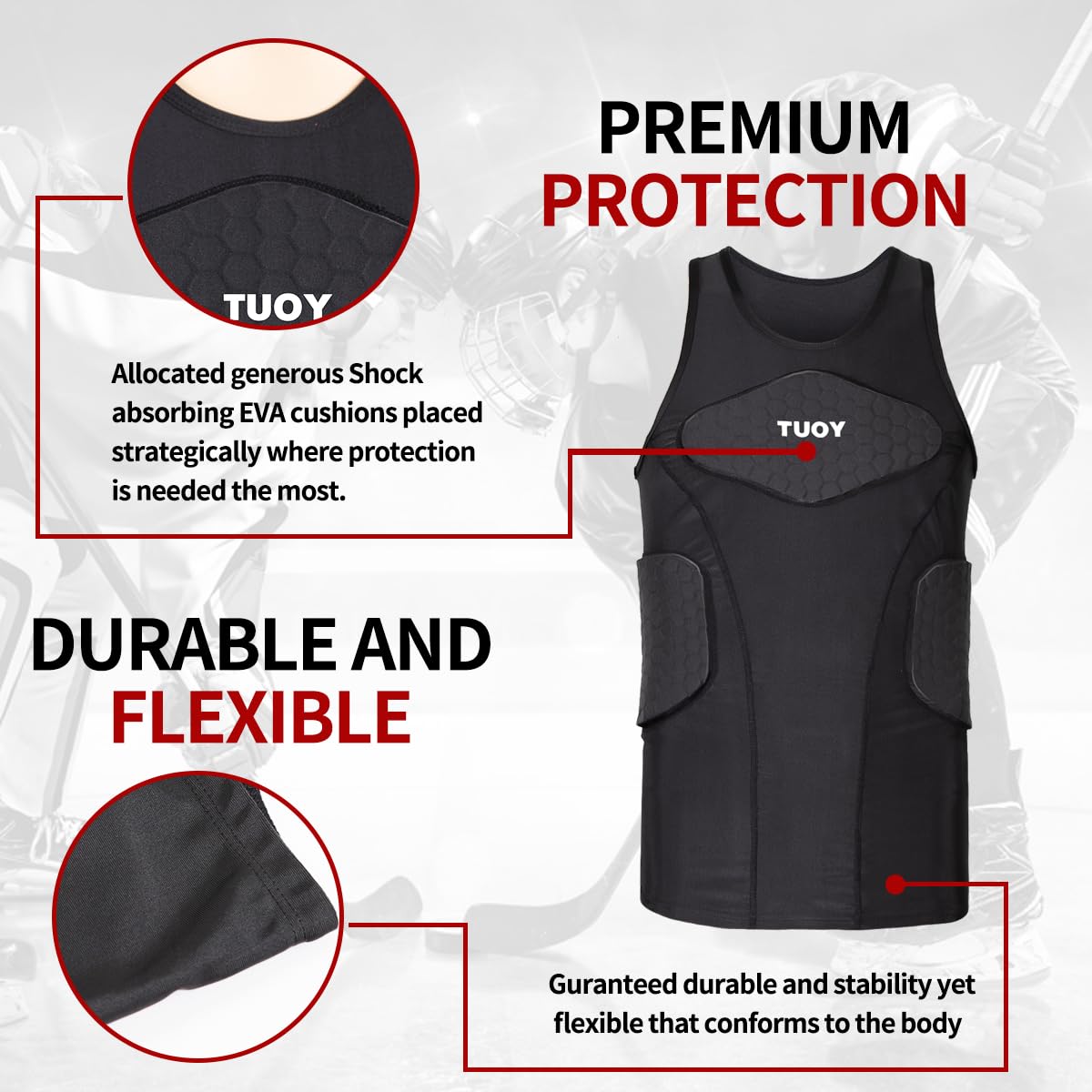 TUOY T-shirt de compression rembourré pour homme - Protection de poitrine côtelée pour football, paintball, baseball