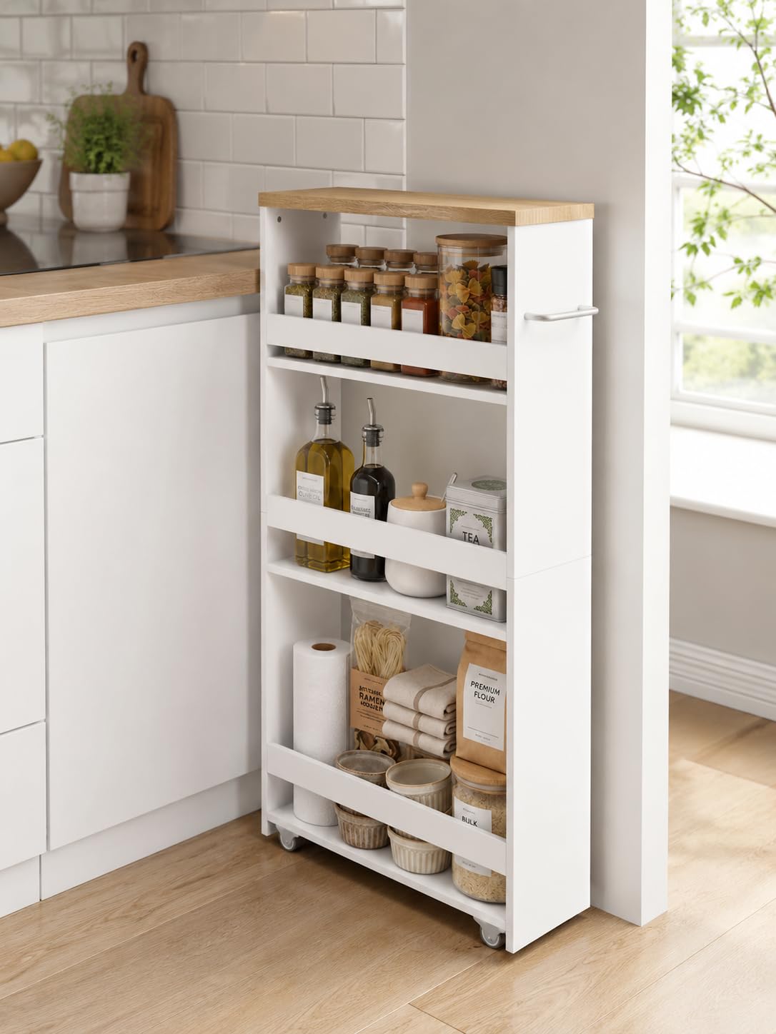 Chariot de Rangement étroit avec roulettes Blanc 40 x 14 x 80 cm pour Salle de Bain et Cuisine étagère Cuisine Salle de Bain Organisateur Meuble de Rangement 3 Niveaux Espace étroit