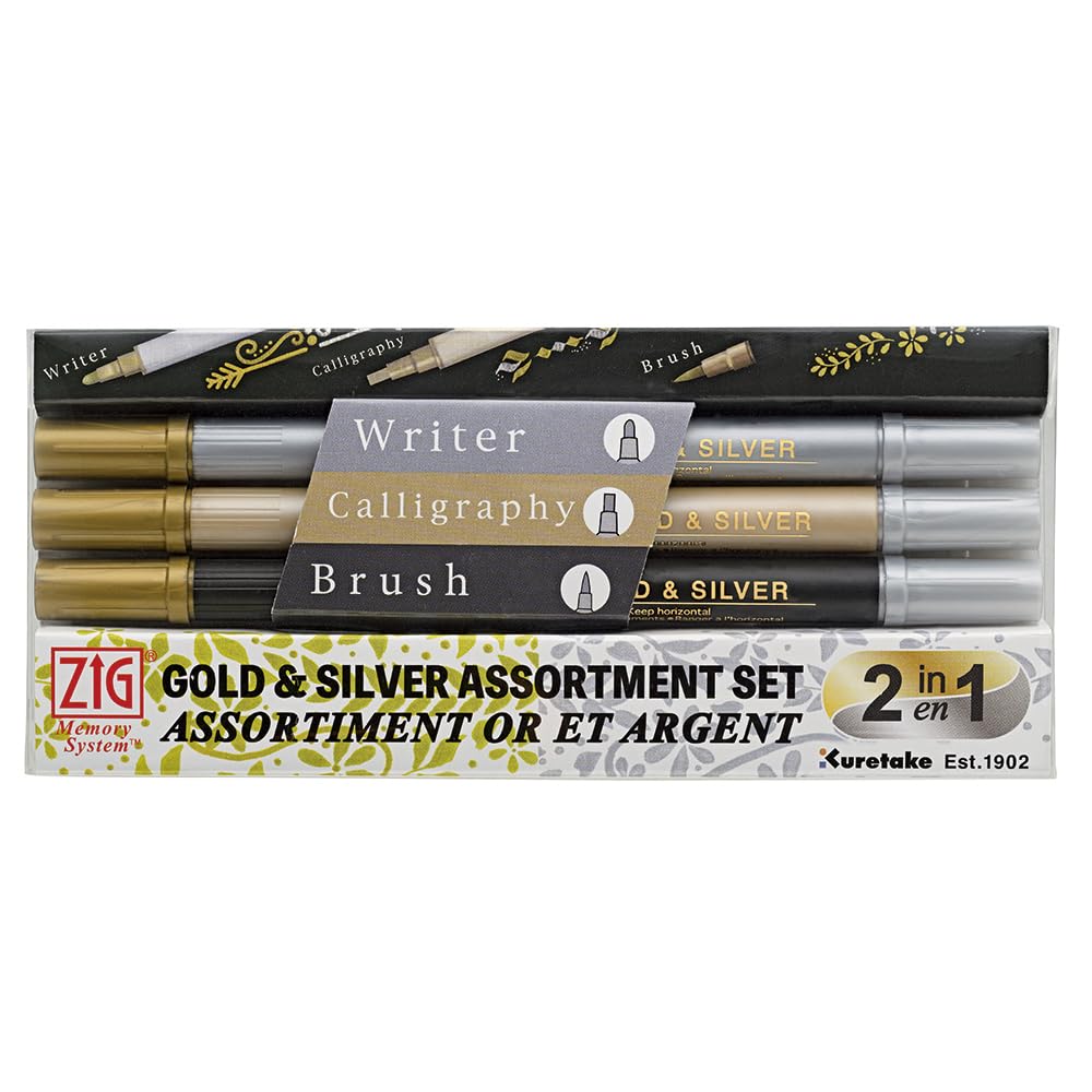 Kuretake Zig MS3VGS Memory System Gold & Silver Marker Set - Set of 3, Twin Tip