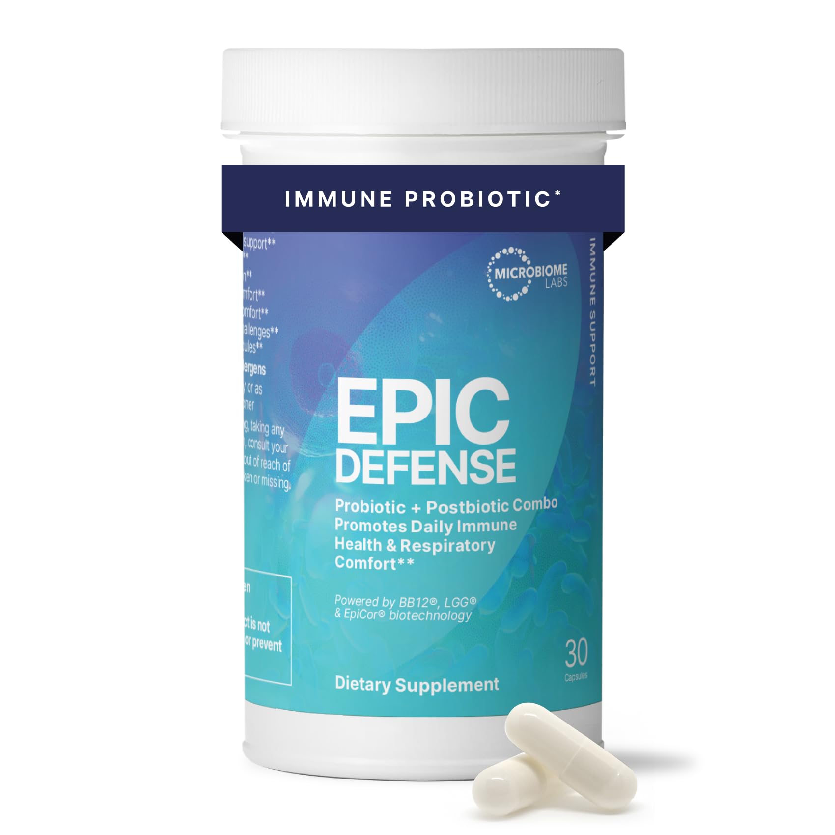 Microbiome Labs Epic Defense Probiotic + Postbiotic Combo - Immunobiotic Formula with LGG, BB-12 & Epicor - Daily Immune and Mucosal Support - Respiratory Comfort - Gut Health Support (30 Capsules)-image-38