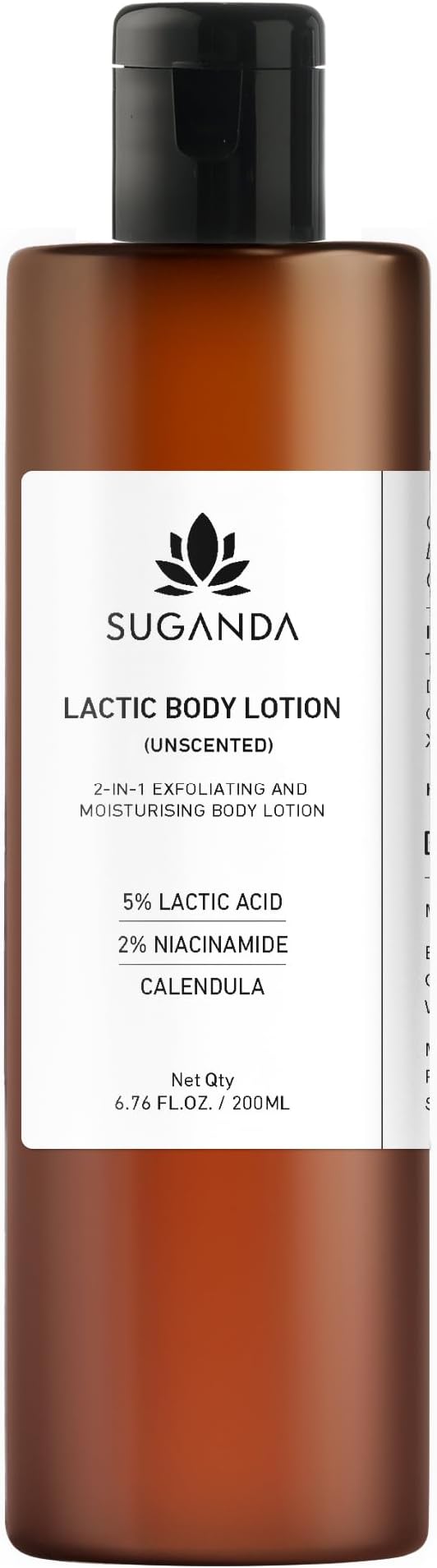 Suganda 5% lactic acid, 2% Niacinamide, Calendula, Shea Butter, 2-in-1 Exfoliating & Daily Moisturising For Hydration,Brightening, Fragrance Free Unscented Lactic Body Lotion 200ml, Men & Women