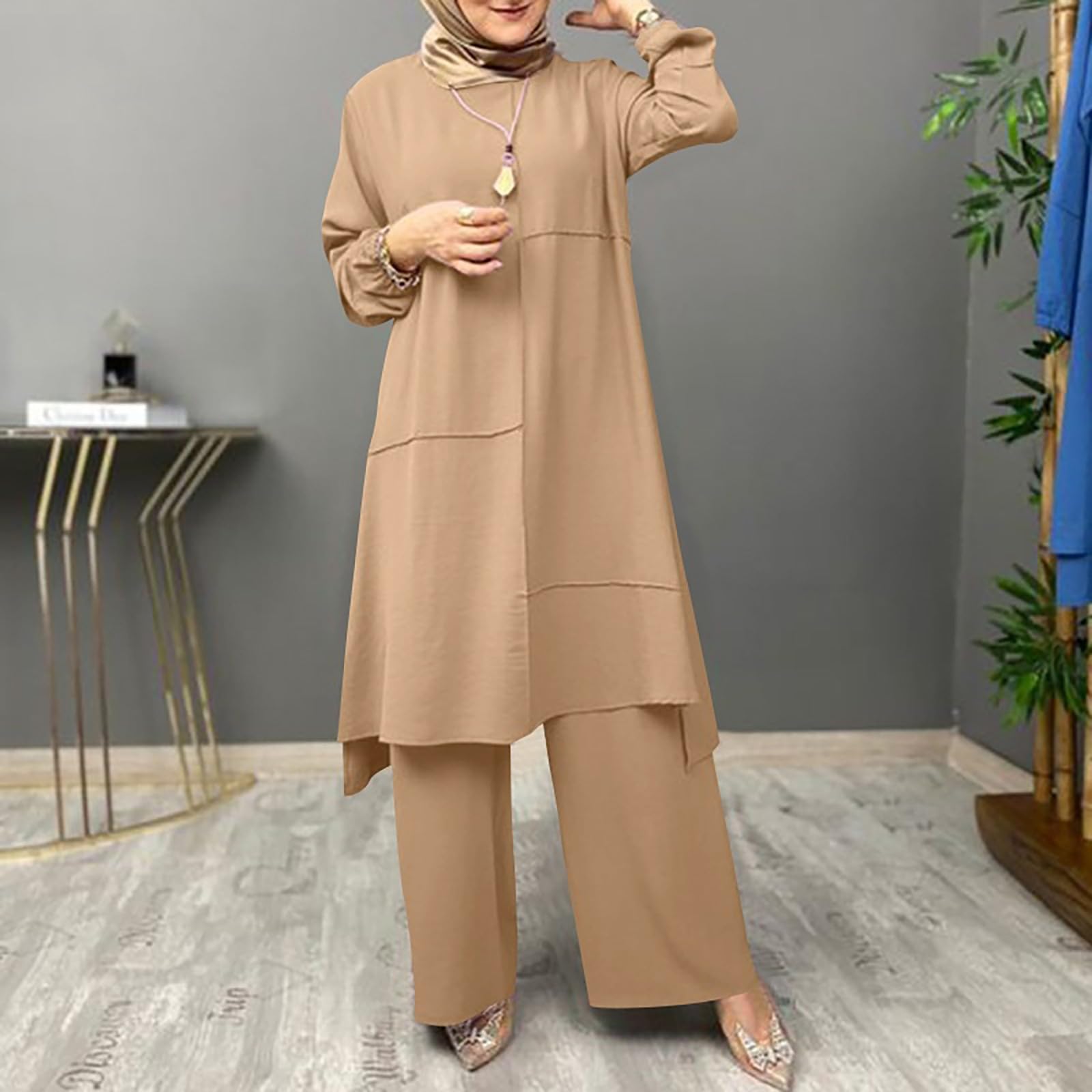 Tuta da donna elegante, 2 pezzi, taglie grandi, per lo sport, da donna, set estivo Curvy, leggera, elegante, in lino, per l'estate, pantaloni larghi + a maniche lunghe