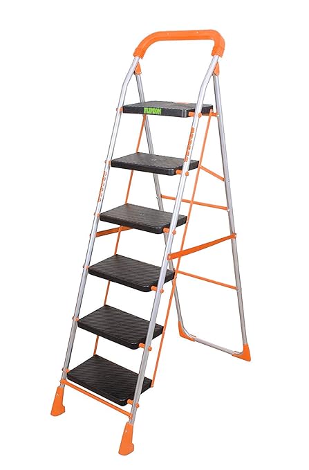 FLIPZON Deluxe Heavy 6 Steps Folding Step Alloy Steel Ladder with Anti-Skid PVC Shoe, Clutch Lock and Knee Guard, Load Capacity Up to 150 Kg (Standard Size, Orange)