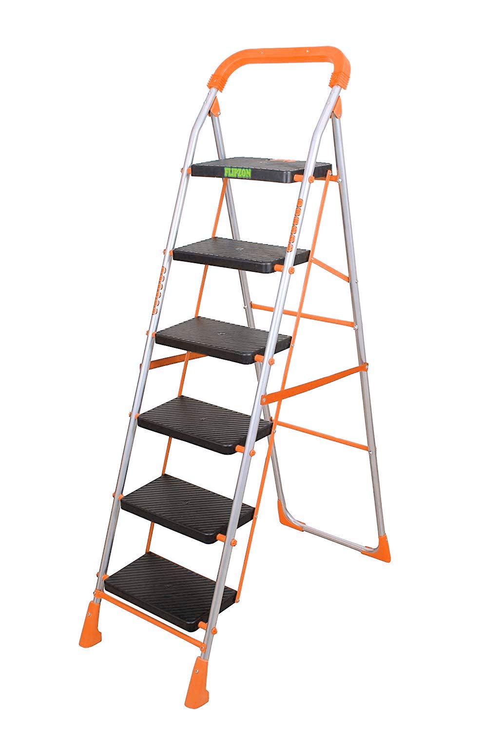 FLIPZON Alloy Steel Foldable 6 Steps Ladder | Heavy Duty Ladder With Anti-Skid Shoes, Wide Steps - (Orange, Silver, Black) (B083W5H8NK) Amazon Price History, Amazon Price Tracker
