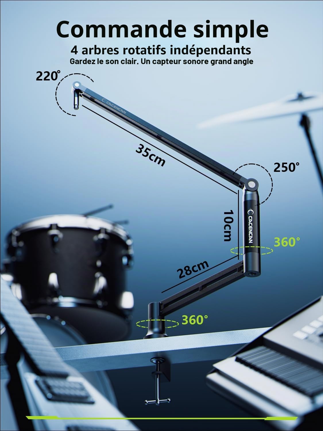 CACENCAN M05 Bras perche, support de microphone rotatif à 360° avec support de bureau, bras de micro de bureau pliable avec adaptateur à vis de 3/8" à 5/8", bras de microphone pour diffusion (Noir)