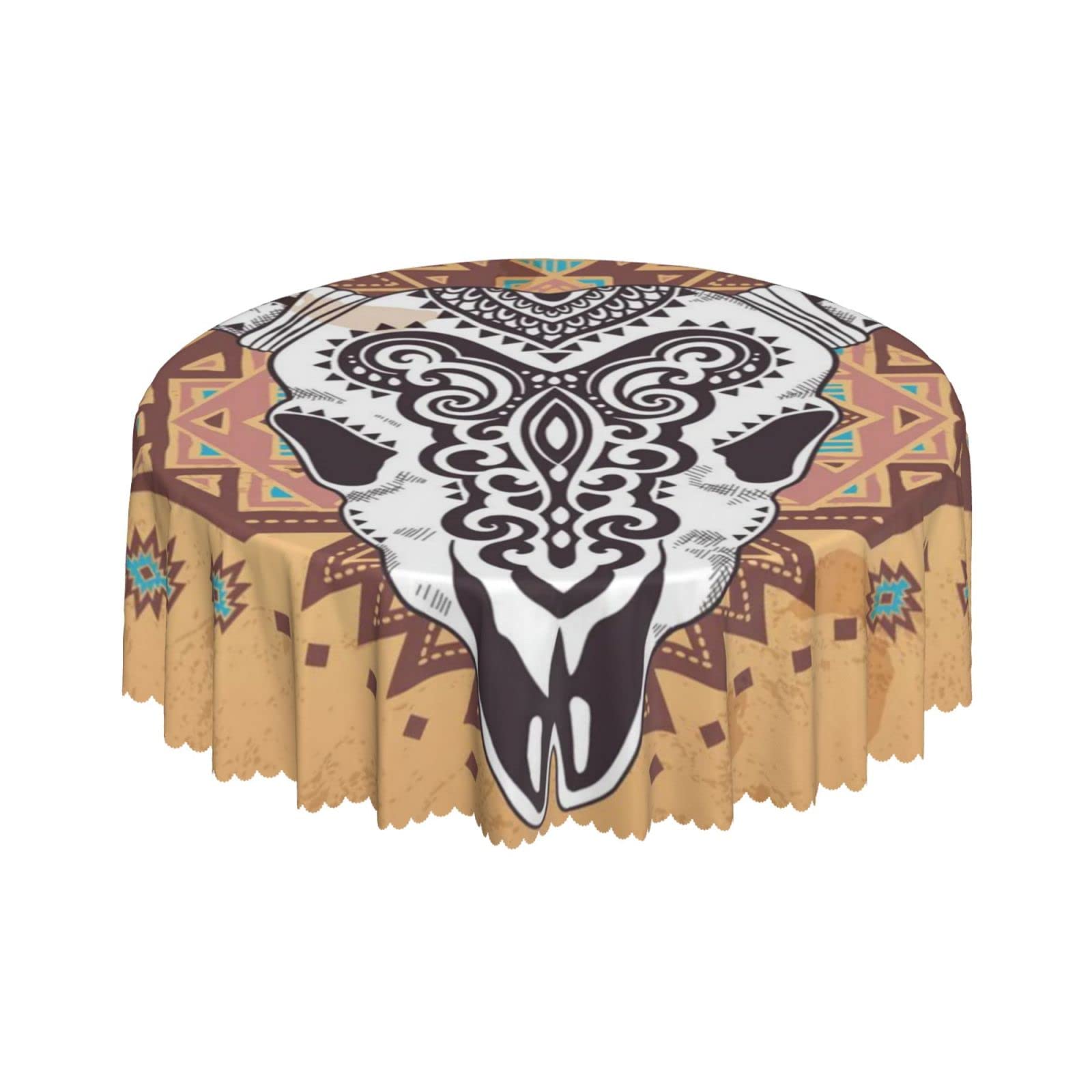 Lsjuee Tribal Cattle Skull Ethnic Animal Round Tablecloth 60 Inch Printed Washable Tablecloth for Dining Party Holiday Fall Home Decorative