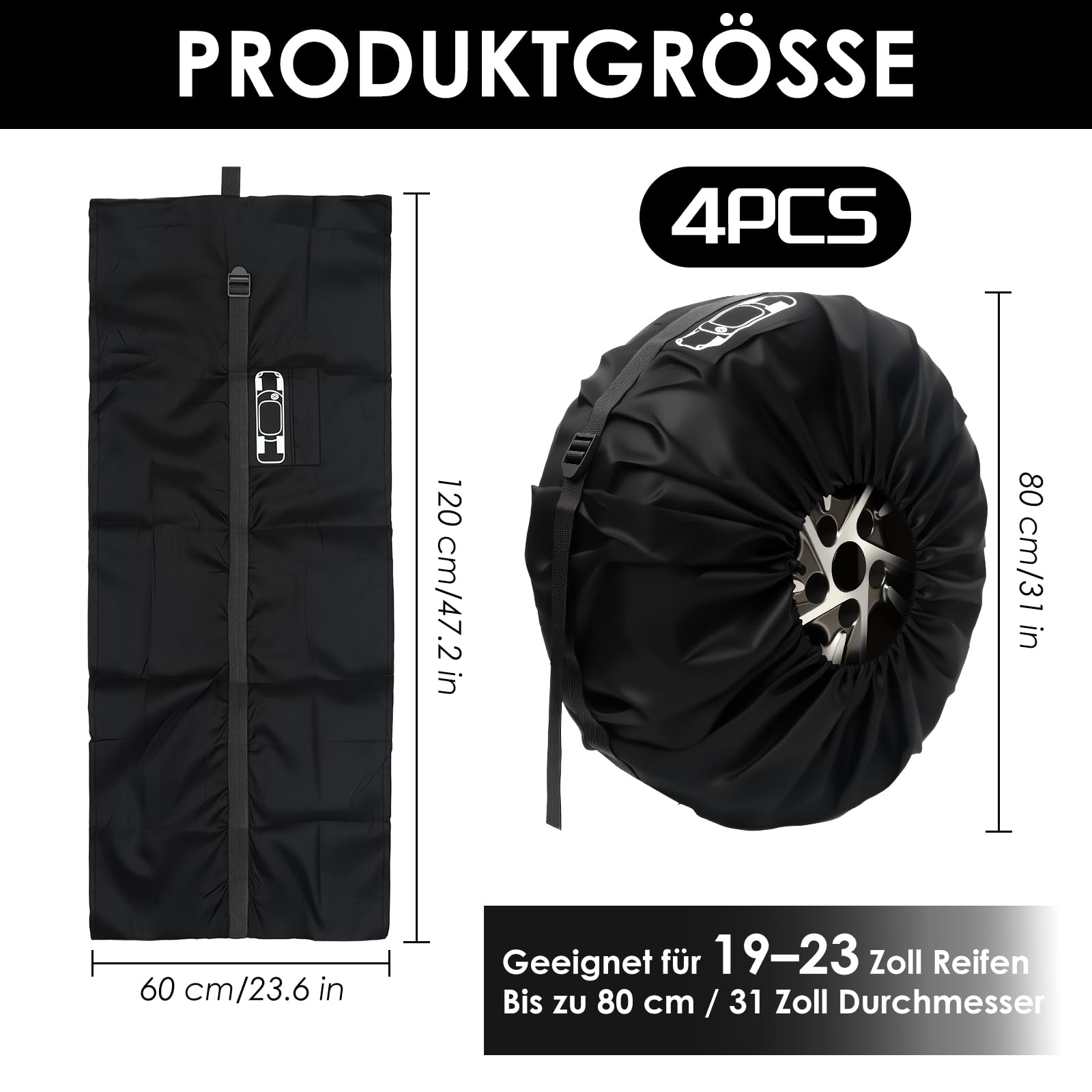 Gucass Lot de 4 housses de pneu de 19-23 pouces - Sacs étanches et housse de protection pour pneus - Pour le rangement et le transport des pneus - Protection UV - Noir - L (Ø 80 cm)