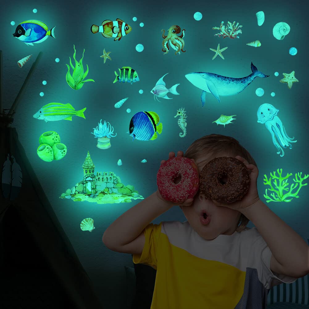 Glow in The Dark Oceaan Vis Muurstickers, Zee Muurstickers Vinyl Zeeleven Muurstickers Verwijderbare Waterdichte voor Jongens Kinderen Slaapkamer Badkamer Aquarel