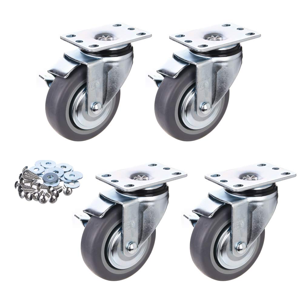 [T-REX CASTER] 4inch Heavy Duty Casters, All Swivel Plate Caster Wheels with Safety Side Locking and Rubber Plastic Load Capacity - 840 Lbs Per Caster (Pack of 4) Unversal Fit. P504S-4B