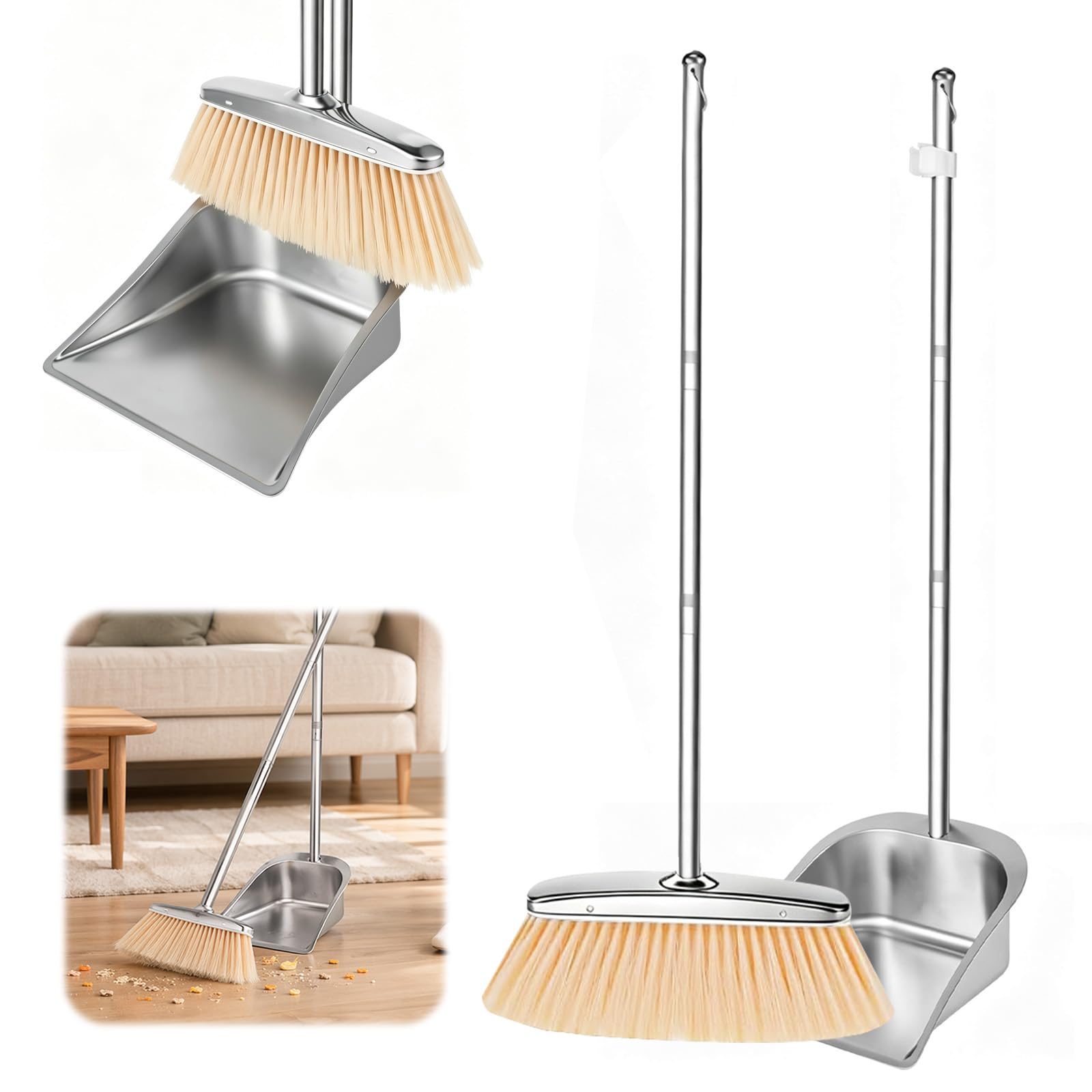 Juego de escoba y recogedor con mango largo (118 cm), pala y escoba de acero inoxidable, ajustable y altamente eficiente para interior/exterior, oficina, porche