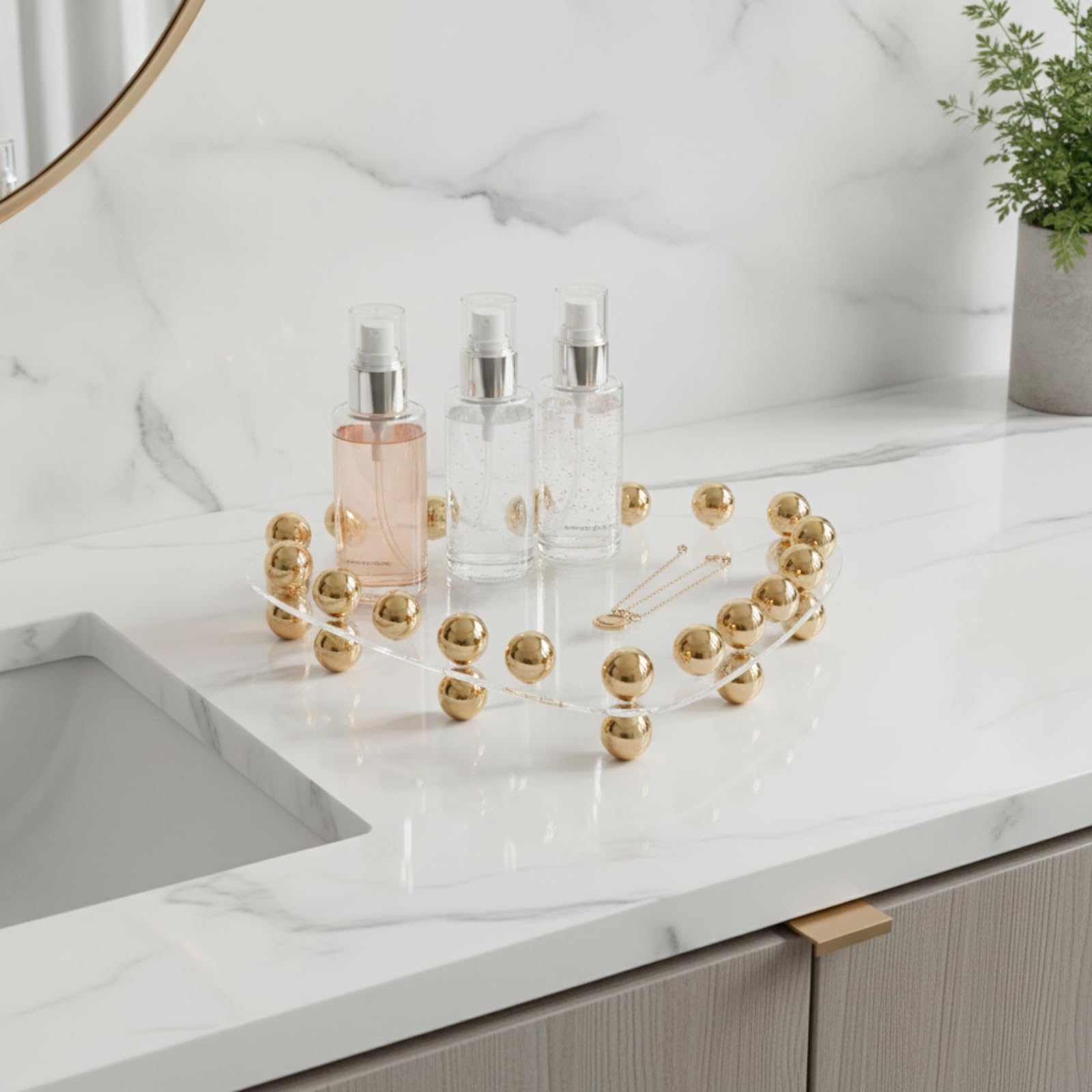 MagiDeal Vassoio Triangolare Elegante Geometrico, Vassoio Trasparente con Sfere Dorate, per Toeletta, Grande