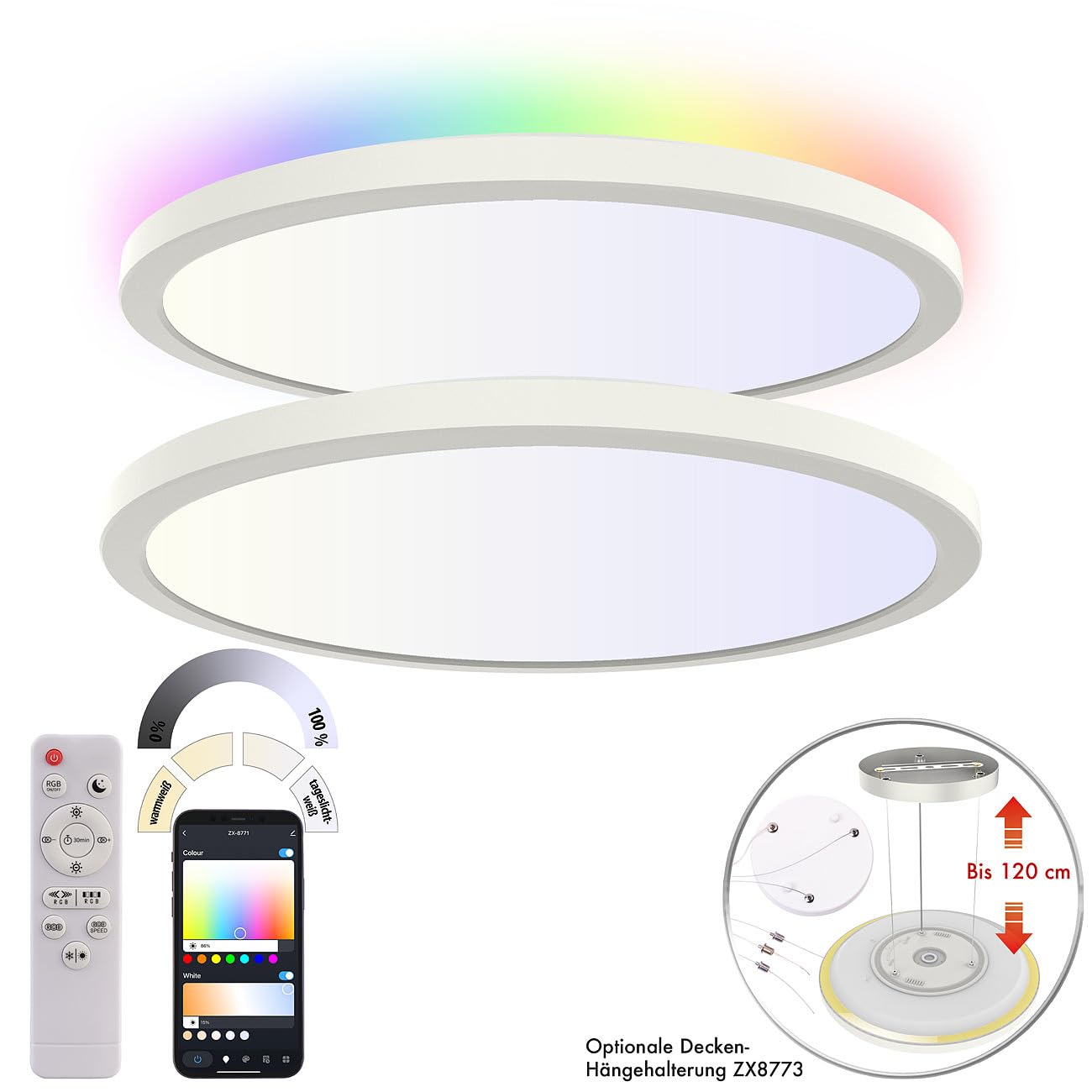 Luminea Home Control LED-Deckenlampe Panel: 2er-Set Super Slim WLAN-CCT-LED-Deckenlampen, Memory-Funktion, App (LED-Deckenleuchte kaltweiß, Deckenlampe Flur)