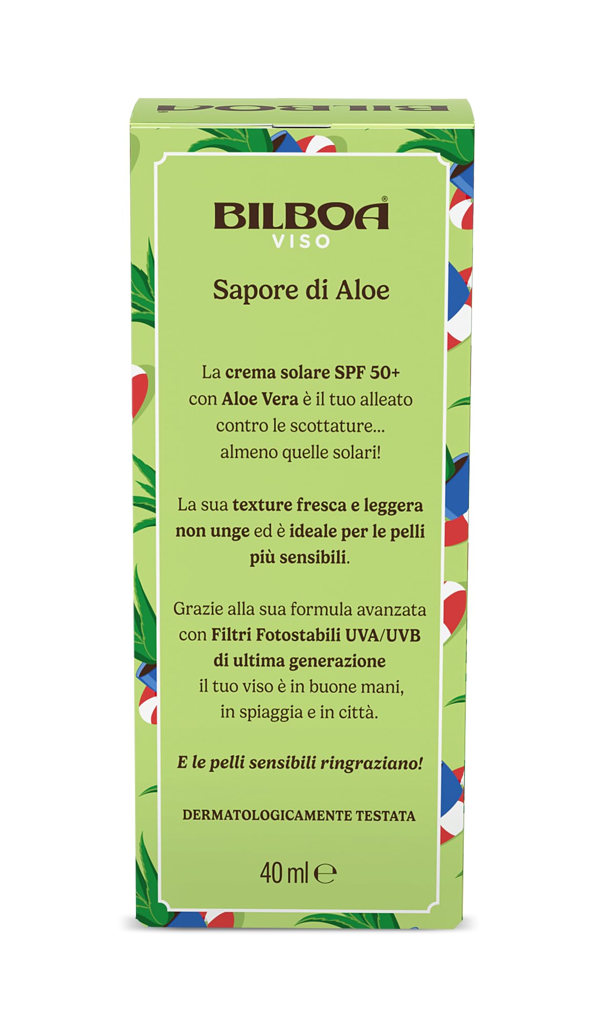 Bilboa, Sapore di Aloe, Crema Solare Viso SPF 50+, Formato Viaggio, con Profumo di Aloe Vera, Ideale per Pelli Sensibili, Texture Fresca e Leggera, Resistente all’Acqua, 40 ml