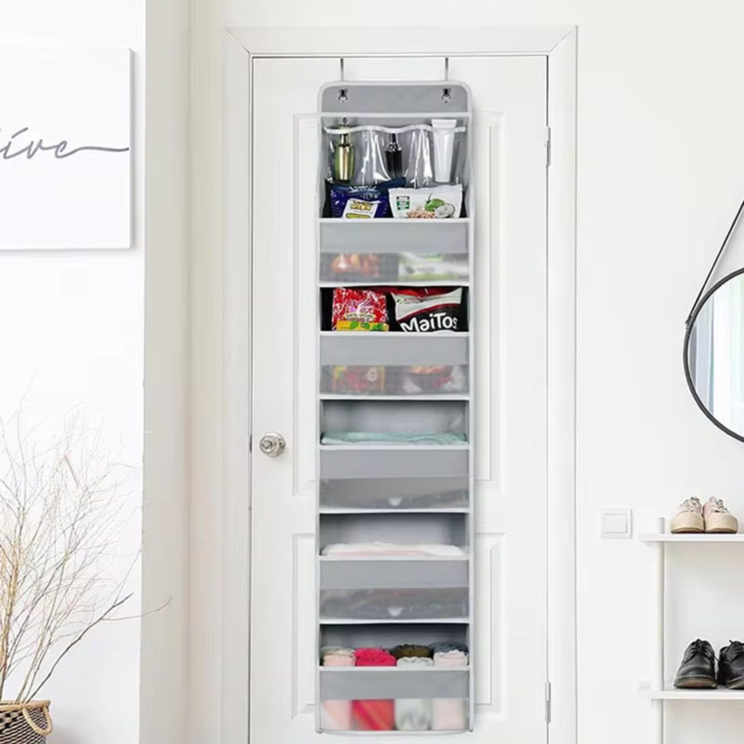 Organizer da appendere alla porta con 6 ripiani, in tessuto, con 5 grandi tasche e 3 piccole tasche in PVC, da appendere alla parete, grigio (2)