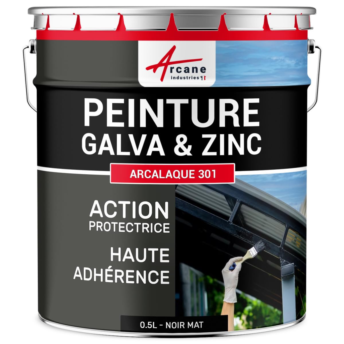 ARCANE INDUSTRIES Peinture galva et Zinc, toiture, gouttière - 0.5 L Noir Mat - RAL 9005