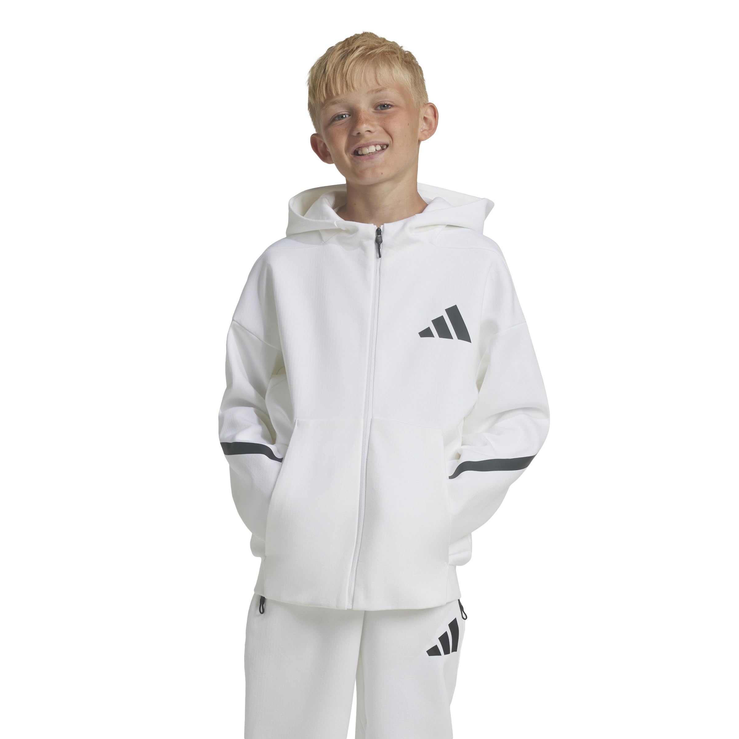 adidas Z.n.e. Felpa con cappuccio e zip intera, per bambini, bianco/nero, L, bianco/nero, L