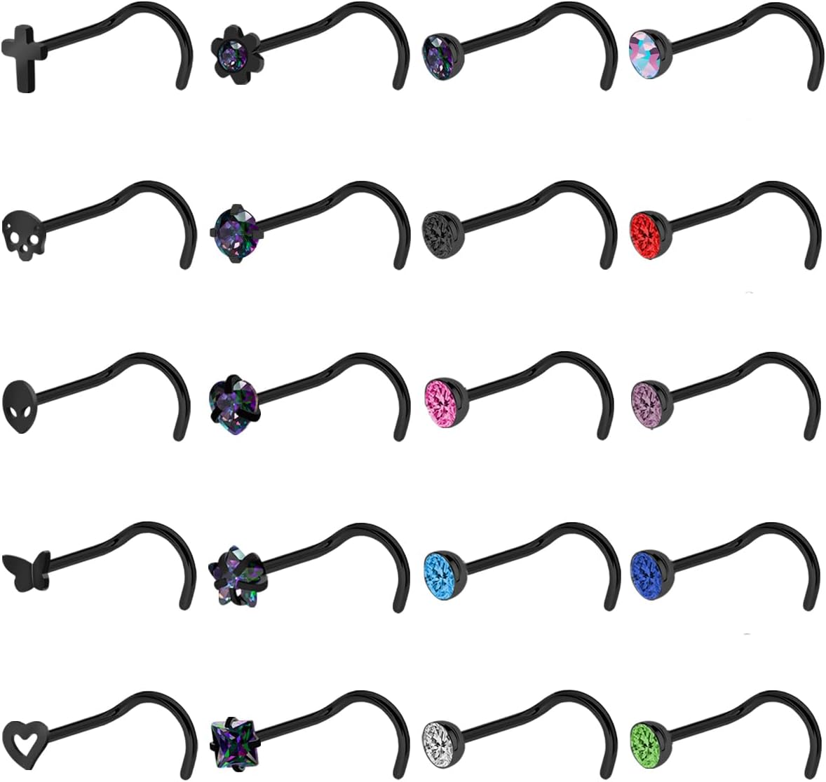 20G Nose Studs - Stainless Steel L-Shaped & Corkscrew Nose Rings for Women & Men - Black Skull Cross Halloween Nostril Piercings
