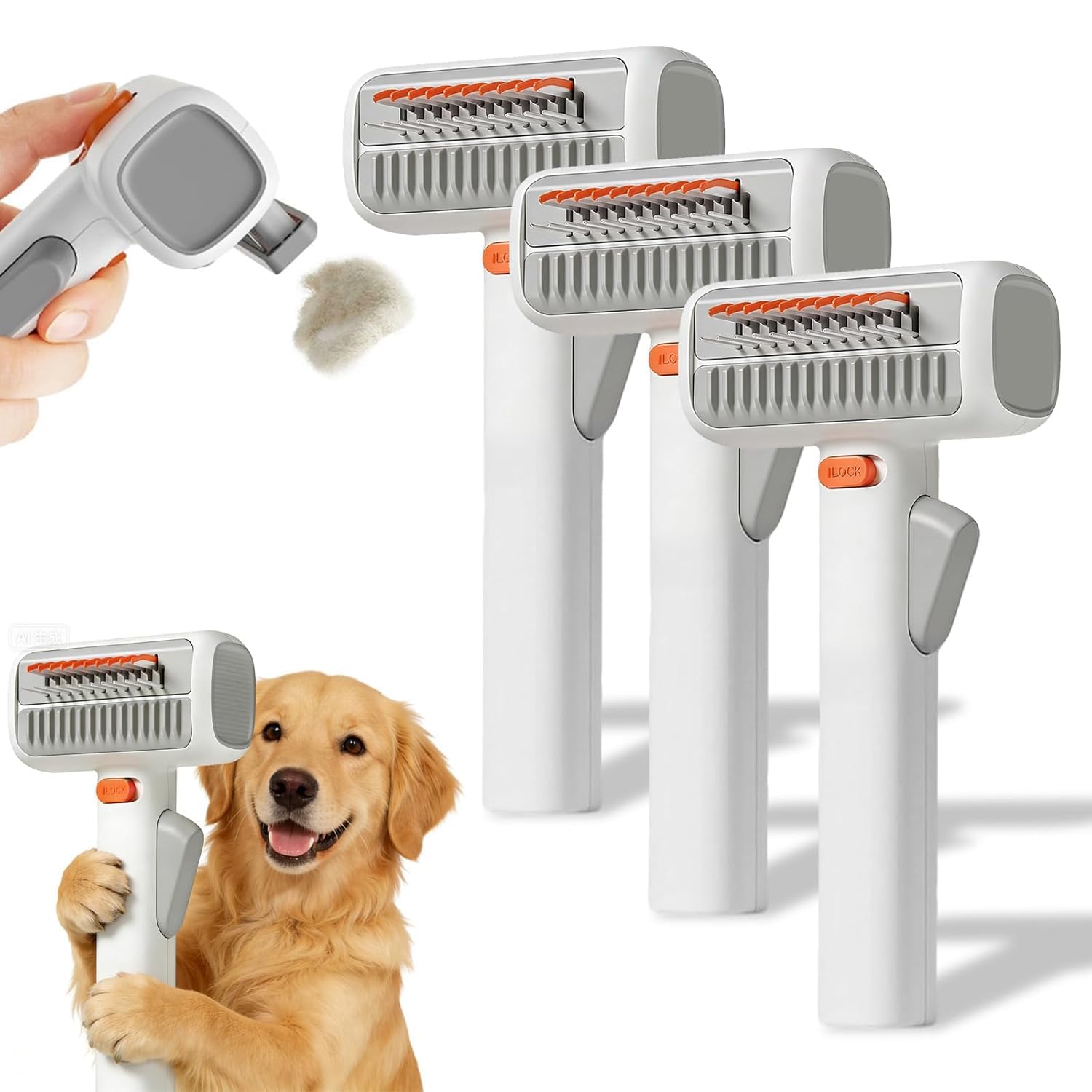 Generic 3PCS 2-in-1 Pet Self-Detangling & Grooming Comb, One-Touch Switch Dematting Undercoat Rake for Dogs for Dogs & Cats, Deshedding Brush for All Coat Types. (3Pcs)
