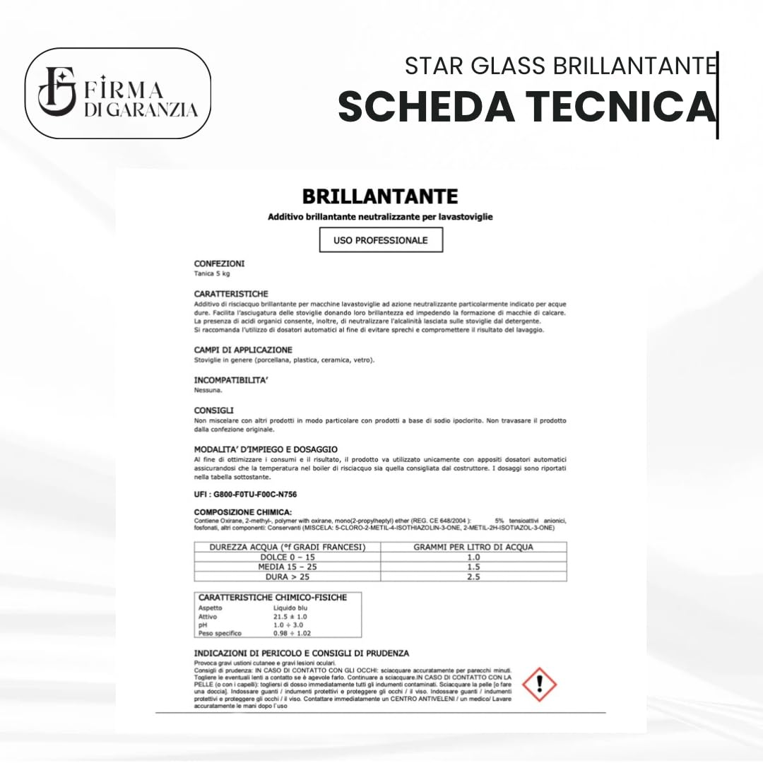 Detergente BRILLANTANTE Lavastoviglie professionale STAR BRILL concentrato liquido, detersivo lavapiatti antialone cristalli e stoviglie per bar e ristoranti | Tanica detergerne 5 KG contentrato - 4pz