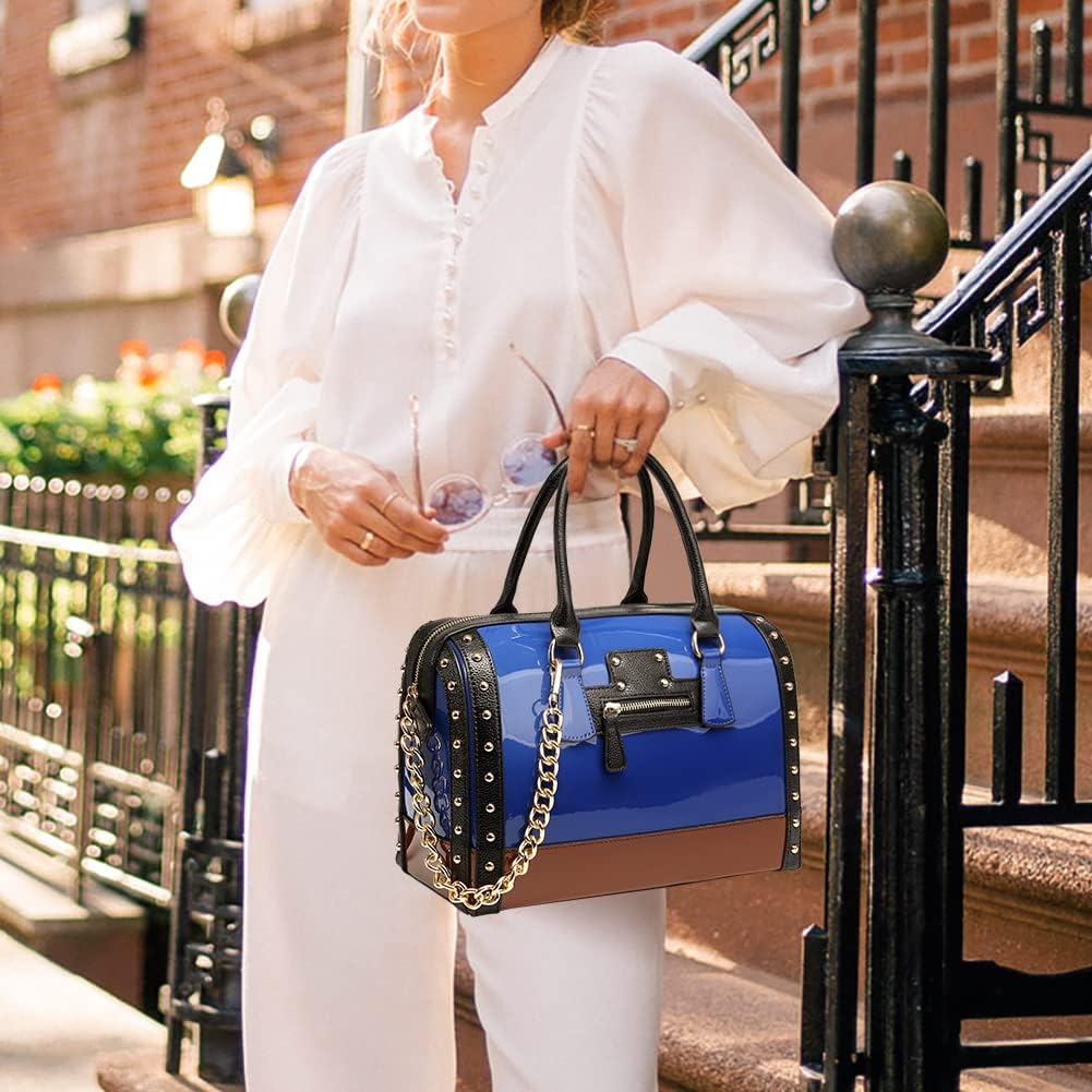 Dasein Women's Barrel Bag Shiny Patent Faux Leather Handbag with Rivet Decoration Top Handle Satchel Shoulder Purse - Image 2