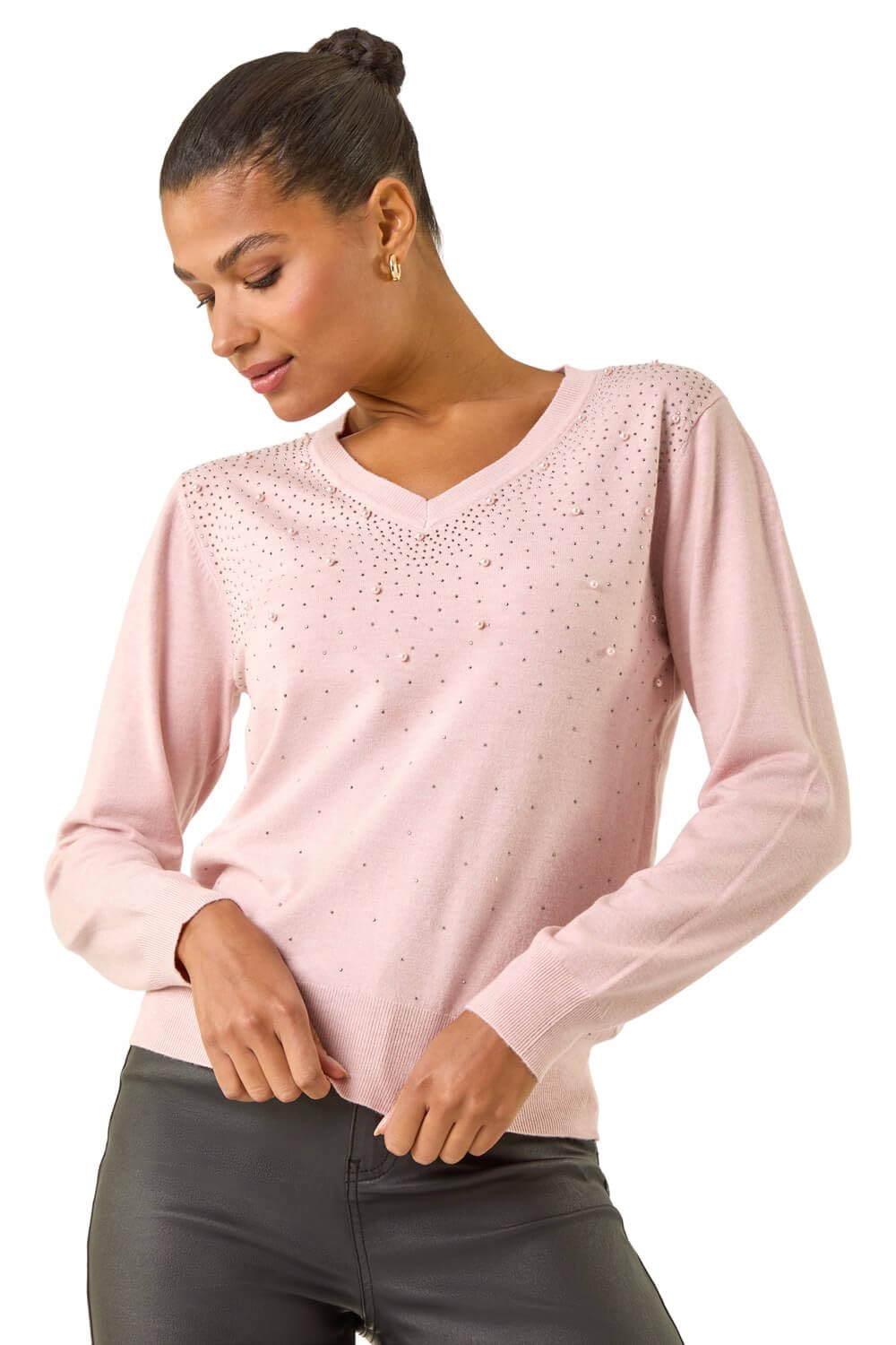 Roman Sparkly Jumper for Women UK - Ladies Sweater Smart Casual Lightweight V Neck Knitwear Knitted Knit Top Winter Office Work Shiny Glitter Party Going Out Sequin - Pearl Sparkle Pink - Size 14