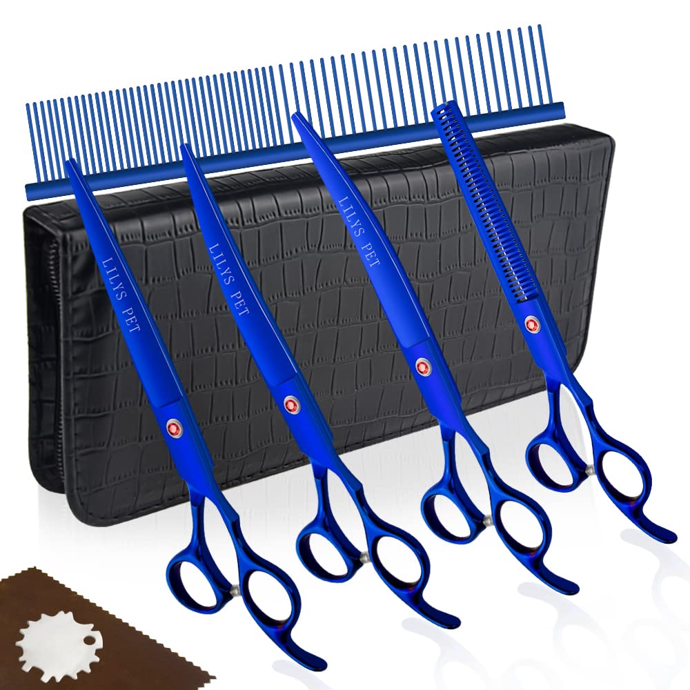 LILYS - Tijeras profesionales para mascotas con revestimiento de titanio, corte y curvado y tijeras de entresacar