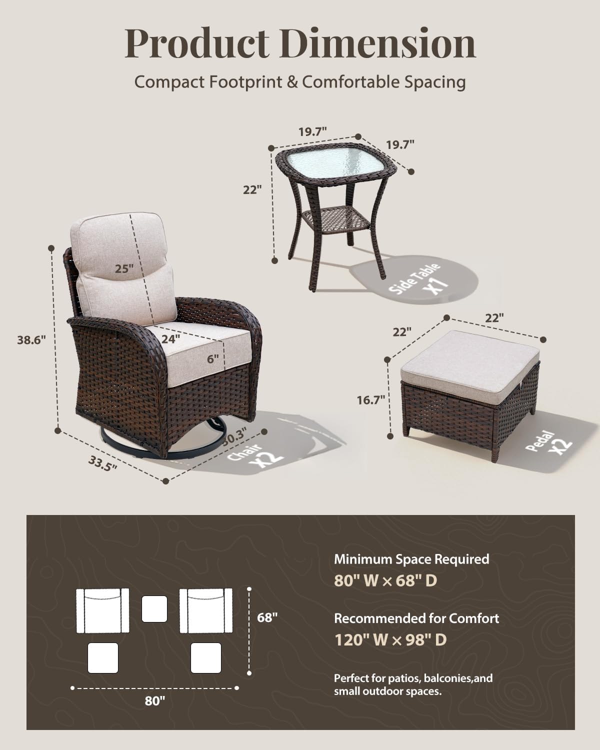 Patio Furniture Set with Luxury 6" Cushions, 5 Pieces Swivel Rocking High Back Patio Chairs and Ottoman, Outdoor Wicker Conversation Set for Deck, Porch, Backyard, Poolside, Beige