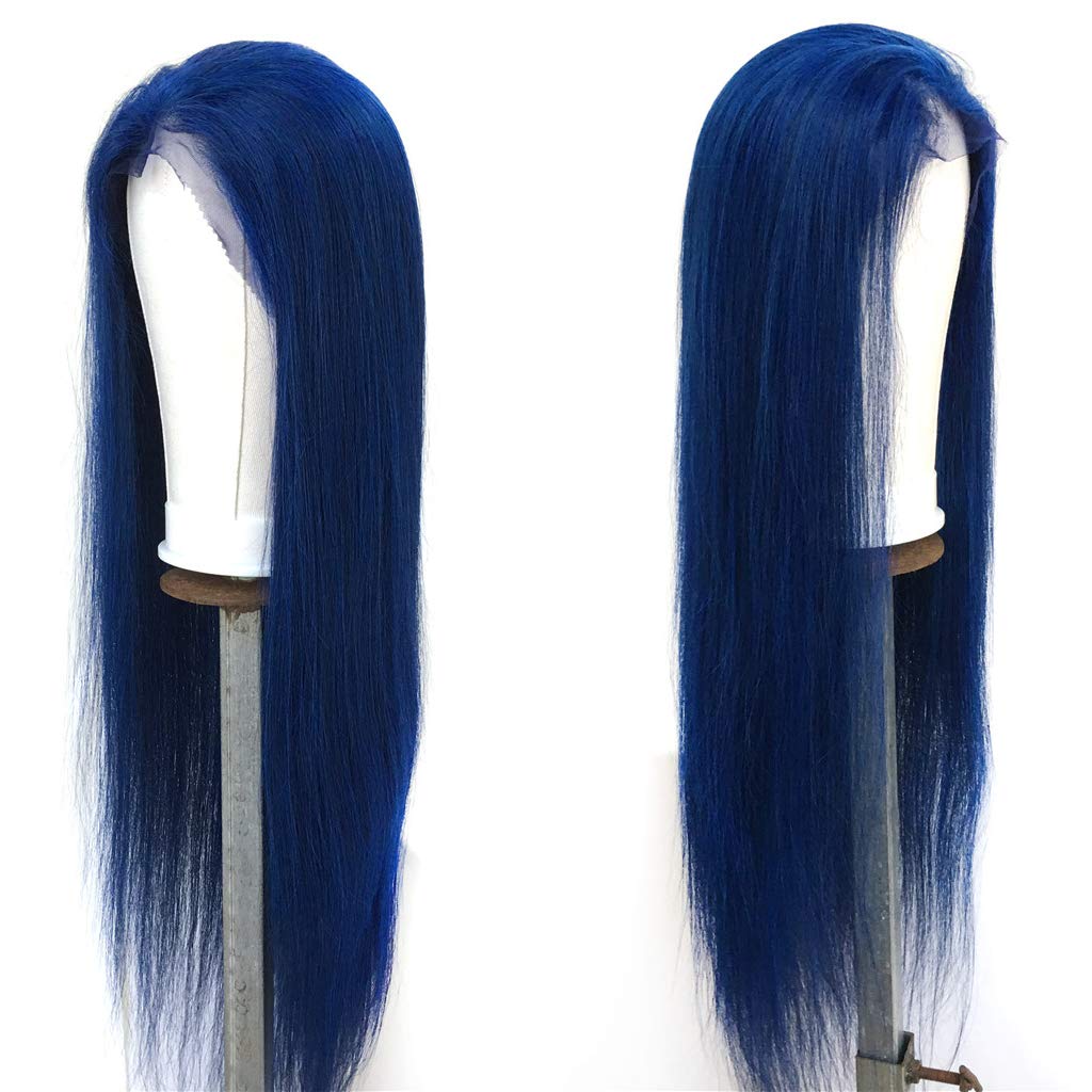 Blue Color Lace Front Human Hair Wigs for Black Women, Pre Plucked Straight Human Hair Wigs 12Inch