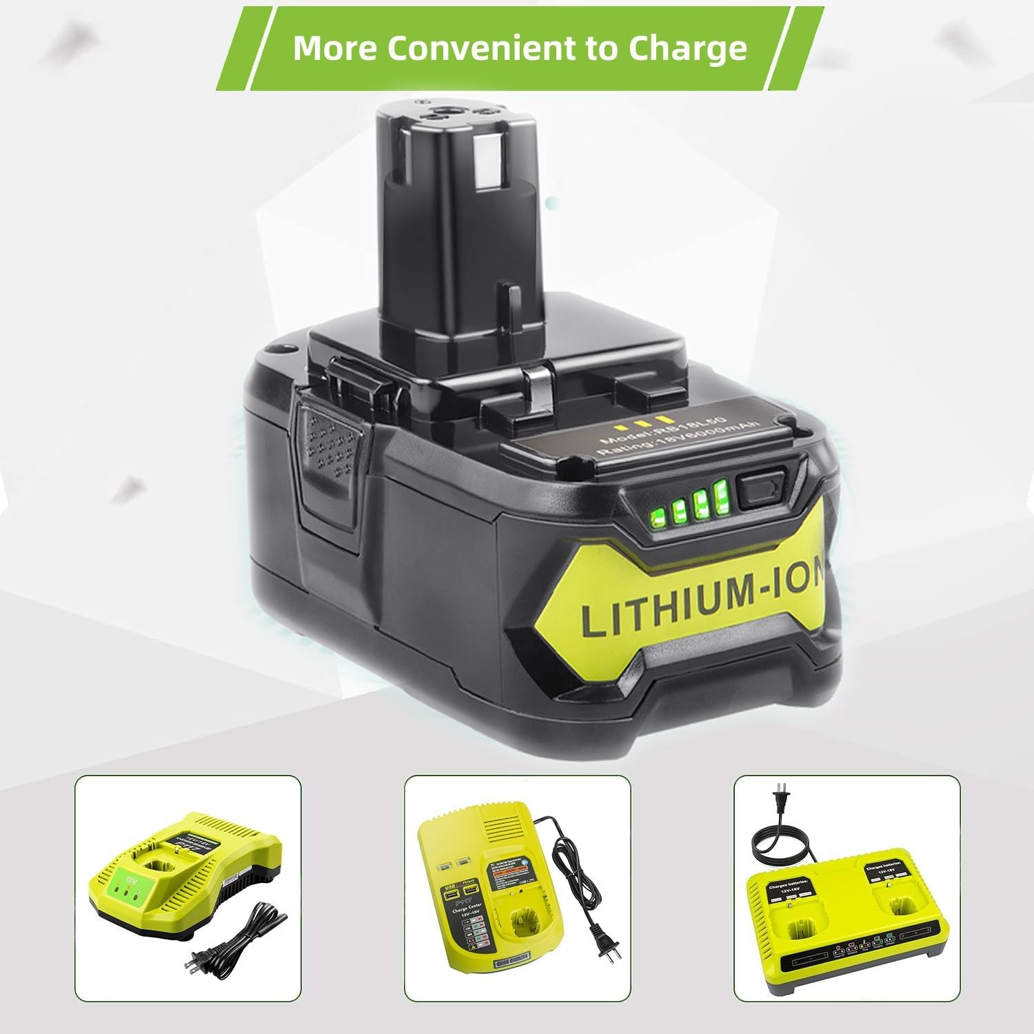 ARyee battery shown with three different types of Ryobi 18V battery chargers, indicating compatibility.