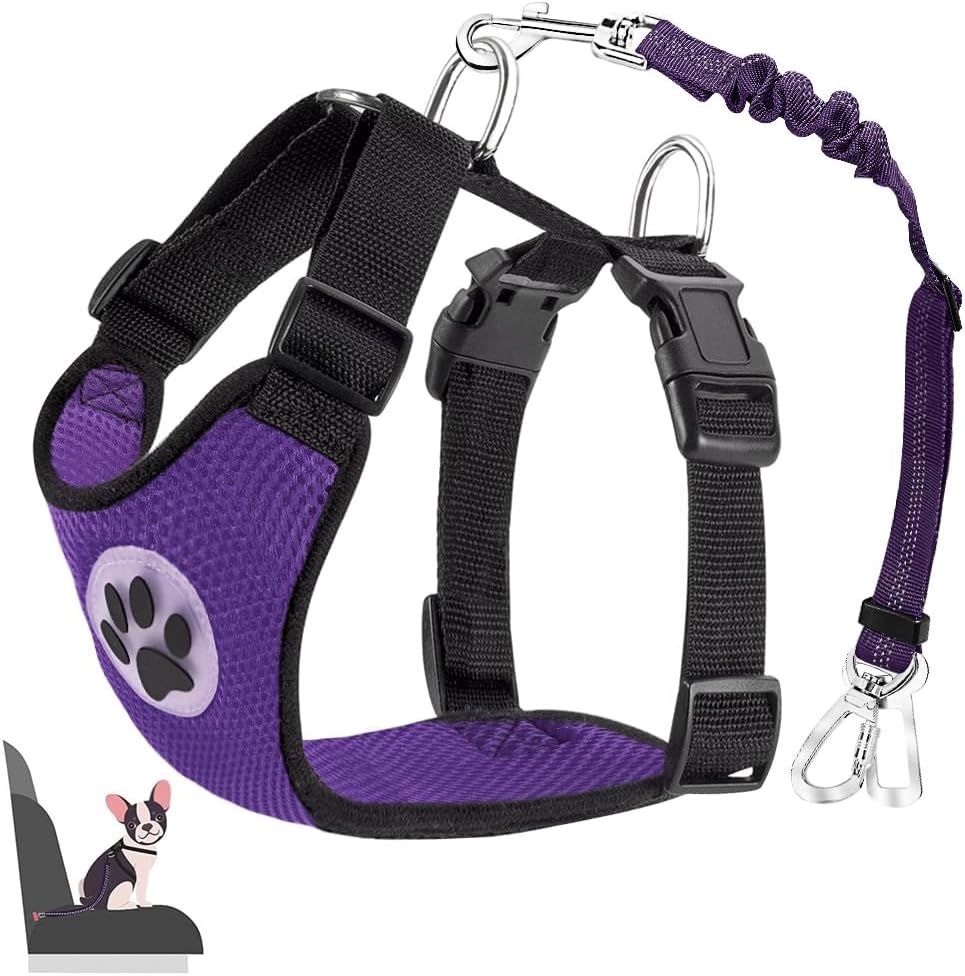 Dog Seat Belt for Car, Adjustable Dog Car Harness for Large Medium Small Dogs, Soft Padded & Breathable Mesh Dog Seatbelt with Car Strap and Carabiner (Purple,M)