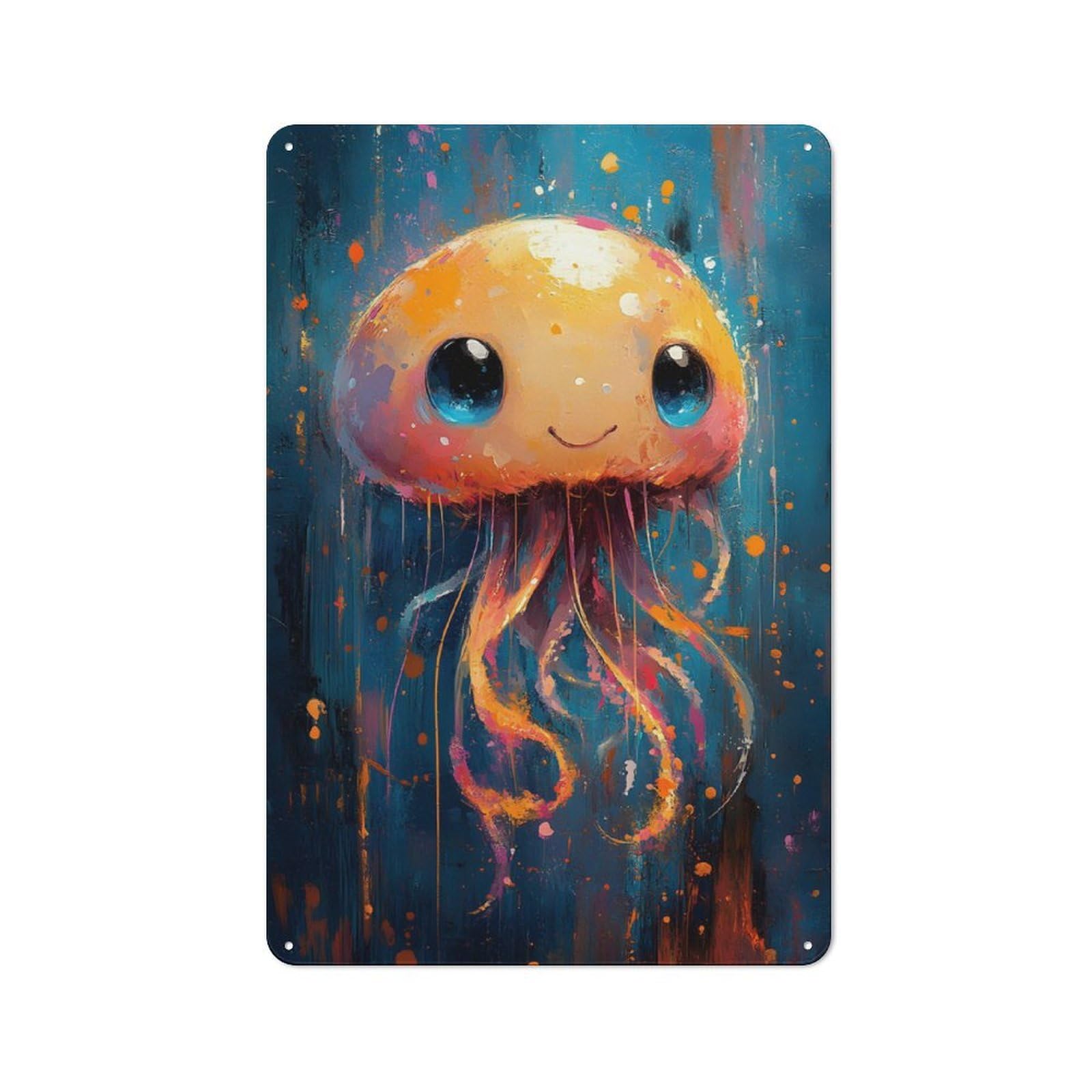 Junmoney Cute Jellyfish Painting Vintage Metal Sign With Design 30X20cm, Vintage Bar Wall Plaque For Cafe, Pub, Workshop Or Home Bar