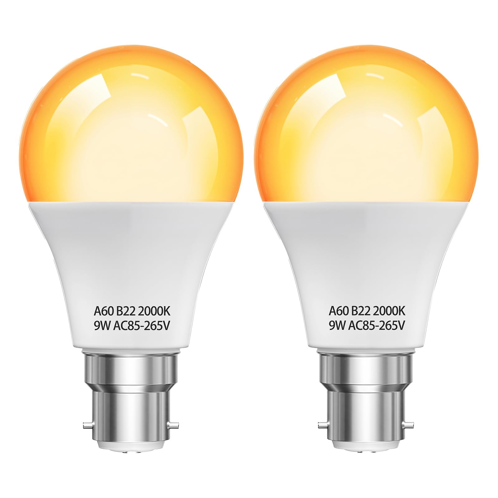 HomiShine 2000K B22 LED Bulb Amber Warm Light Bulb GLS A60 BC Bayonet Light Bulbs, 9W (60W Equivalent) Blue Light Blocking Warm Light Bulbs for Healthy Sleep, Bedroom, Nursery, Energy Saving, 3 Pack
