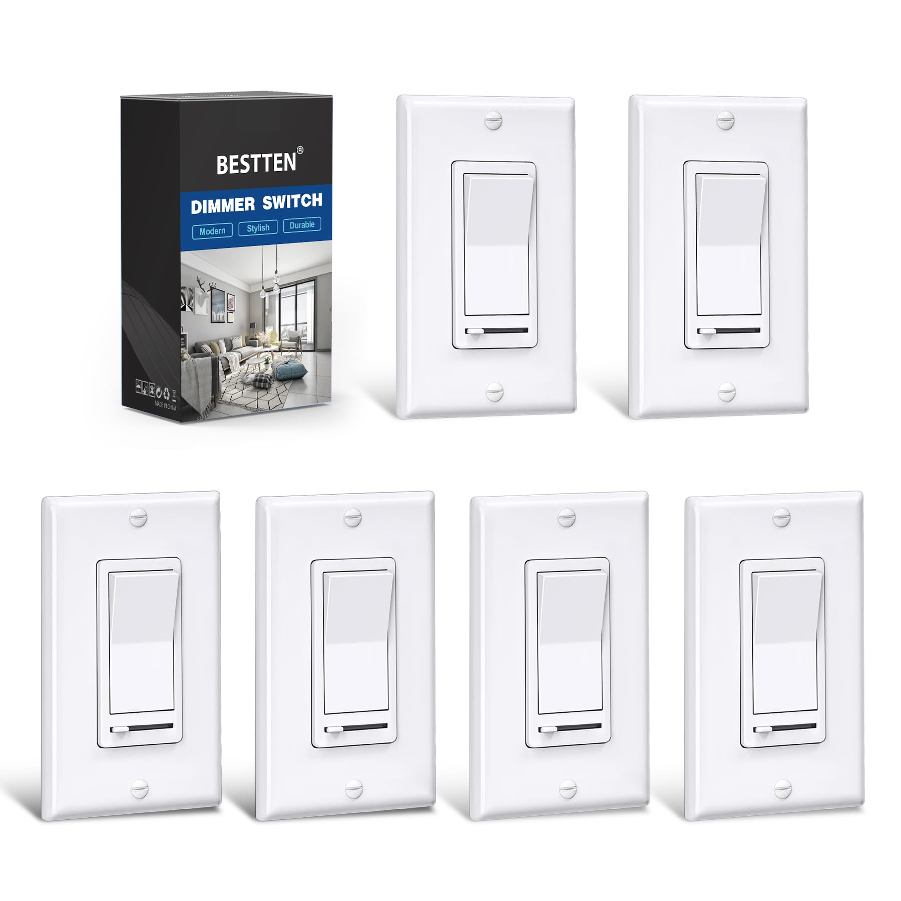 Photo 1 of BESTTEN 6 Pack Dimmer Light Switch, LED Dimmer Switch, Single-Pole or 3-Way, for Dimmable LED, Halogen and Incandescent Bulbs, 120V, Wall Plate Included, UL Listed, White
