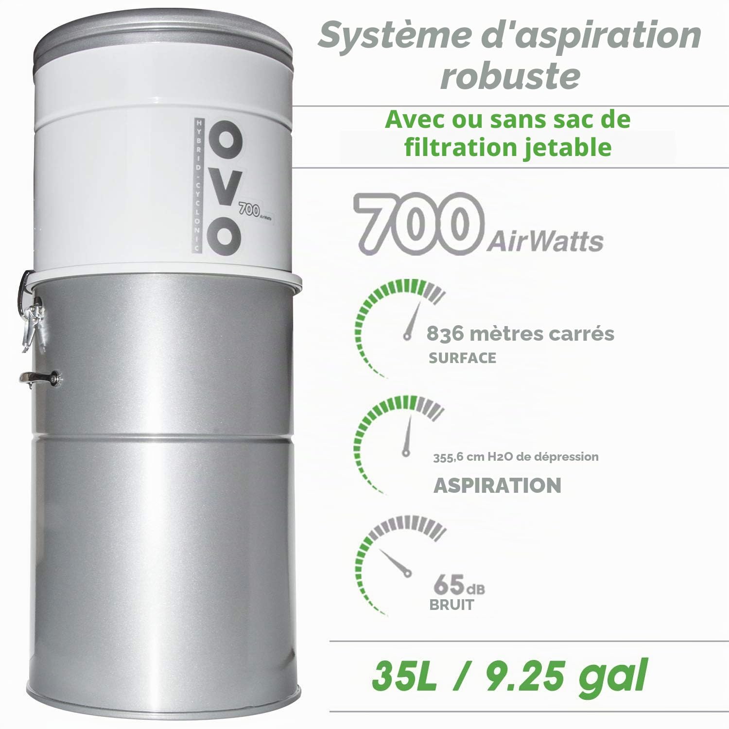 OVO OVO-700ST-35H Système d'aspirateur Central Puissant de 700 Airwatts, Filtration Hybride (avec ou sans Sacs jetables) 35 l ou 9,25 gallons à Chargement par Le Bas, Blanc