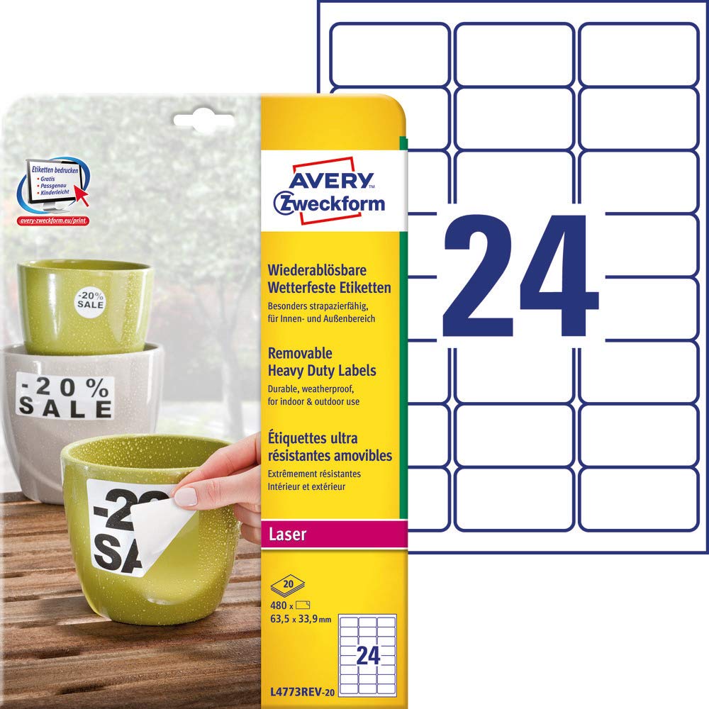 AVERY Zweckform L4773REV-20 Wetterfeste Folienetiketten, 480 Aufkleber, 63,5 x 33,9 mm, A4, weiß