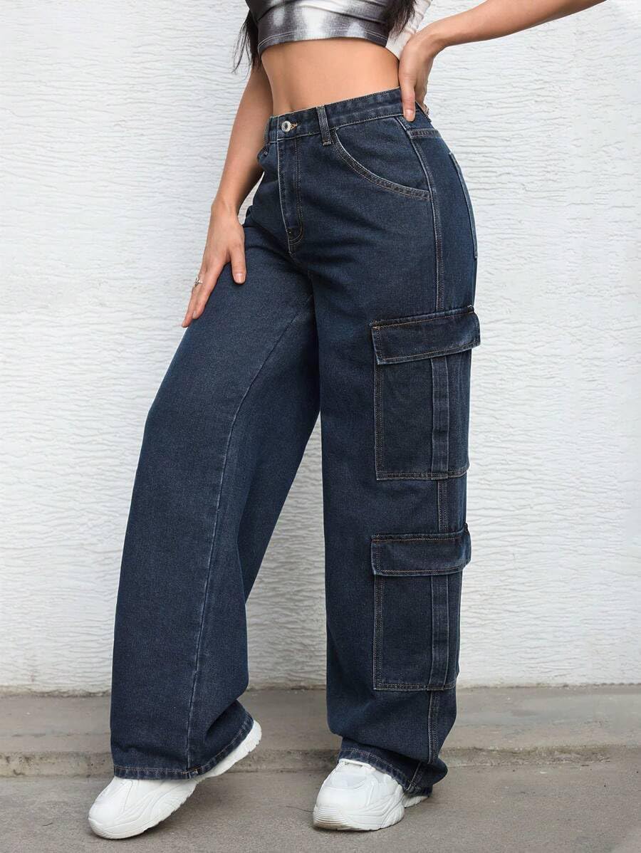Cargo Jeans for Women Wide Leg High Waisted Stretchy Multi Pockets Baggy Denim Cargo Pants - Image 3